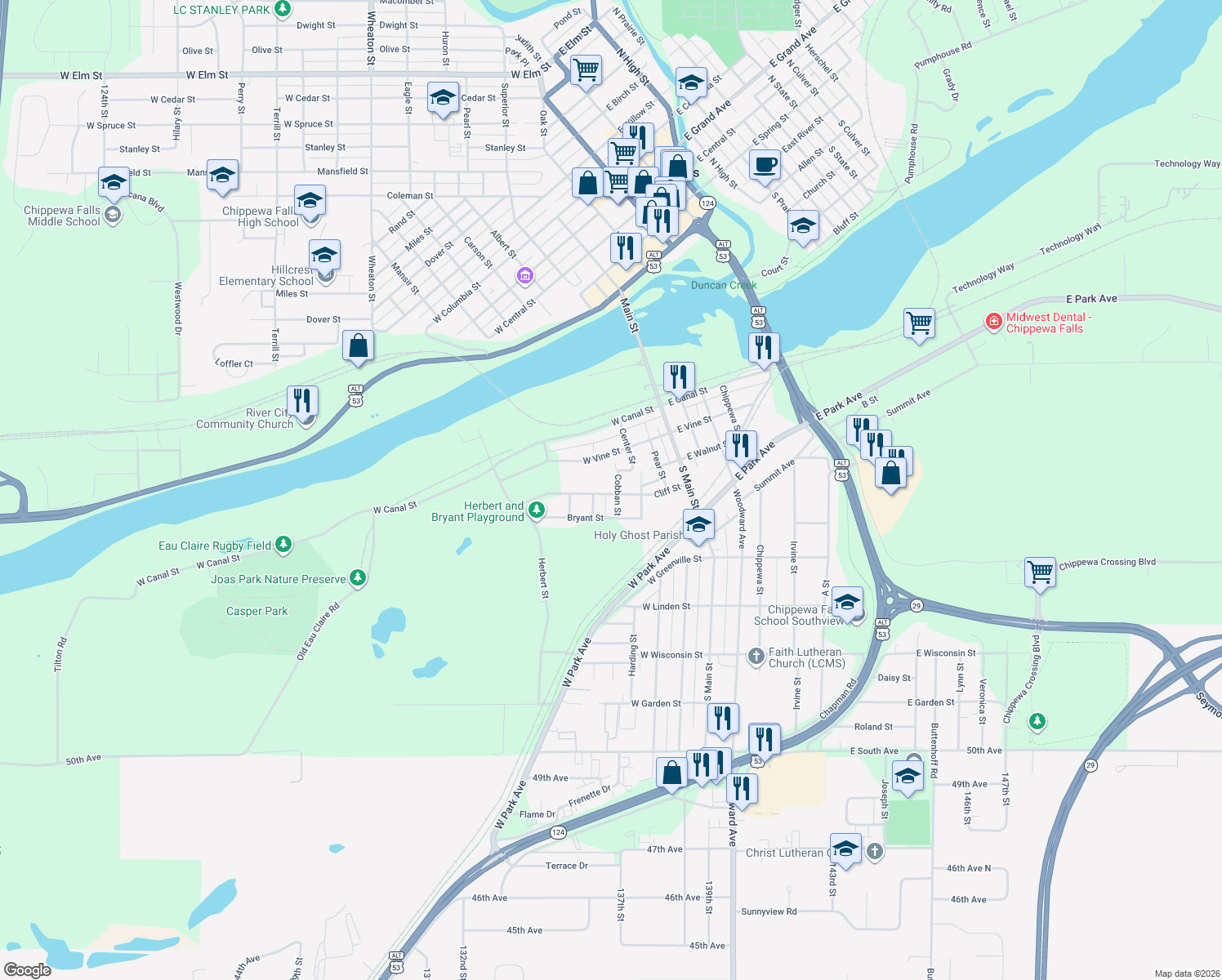map of restaurants, bars, coffee shops, grocery stores, and more near 202 Cliff Street in Chippewa Falls