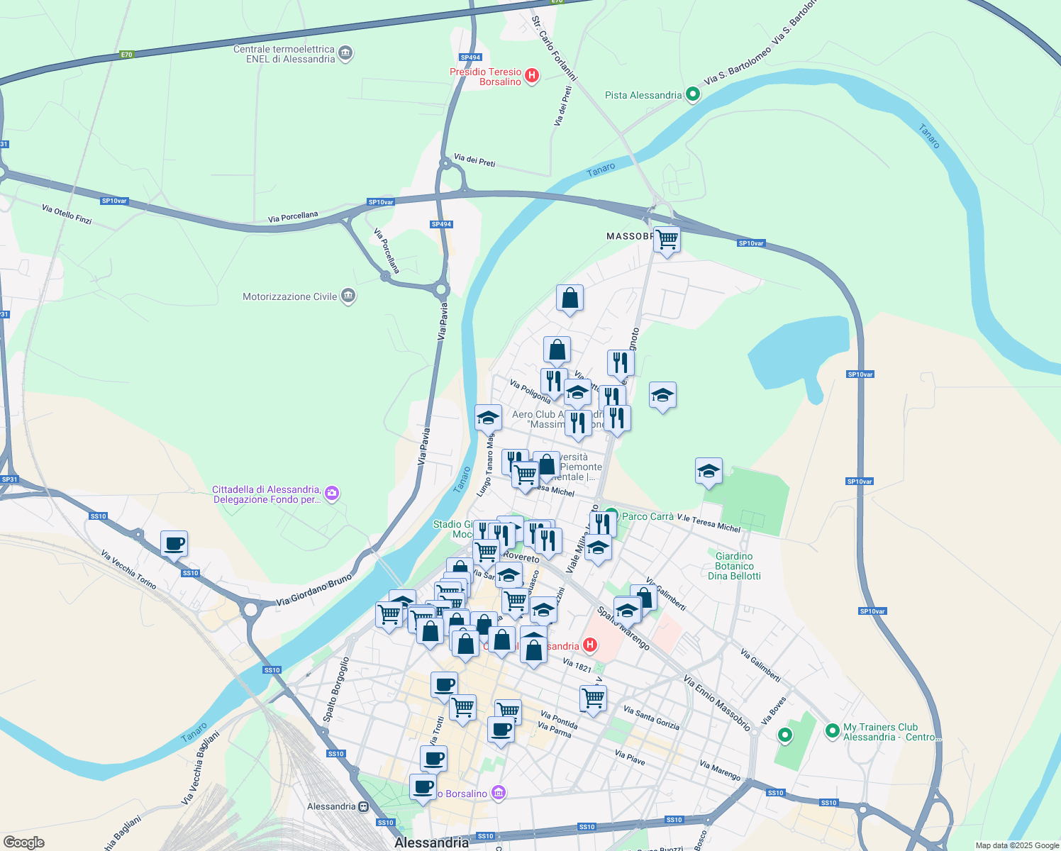 map of restaurants, bars, coffee shops, grocery stores, and more near 46 Via Vincenzo Bellini in Alessandria