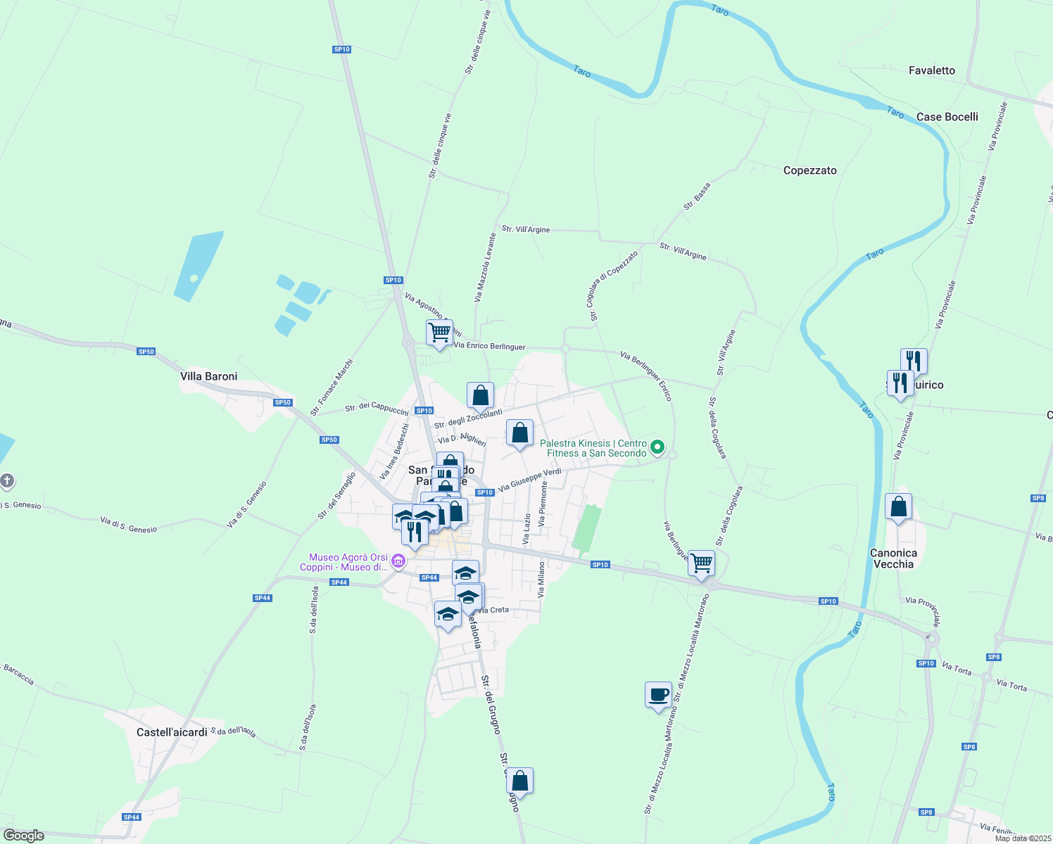 map of restaurants, bars, coffee shops, grocery stores, and more near 9 Via Frazzi Vito in San Secondo Parmense