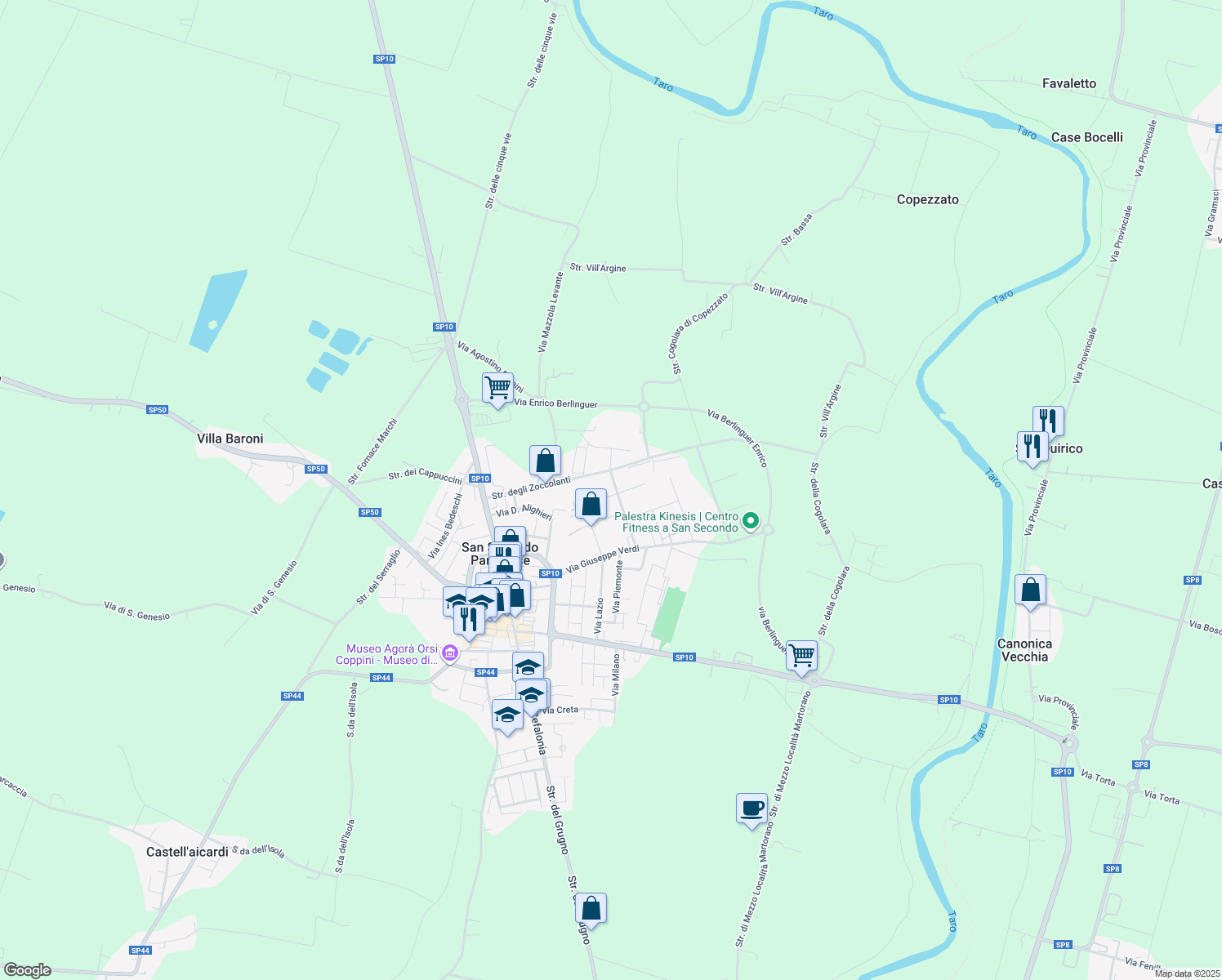 map of restaurants, bars, coffee shops, grocery stores, and more near 9 Via Frazzi Vito in San Secondo Parmense
