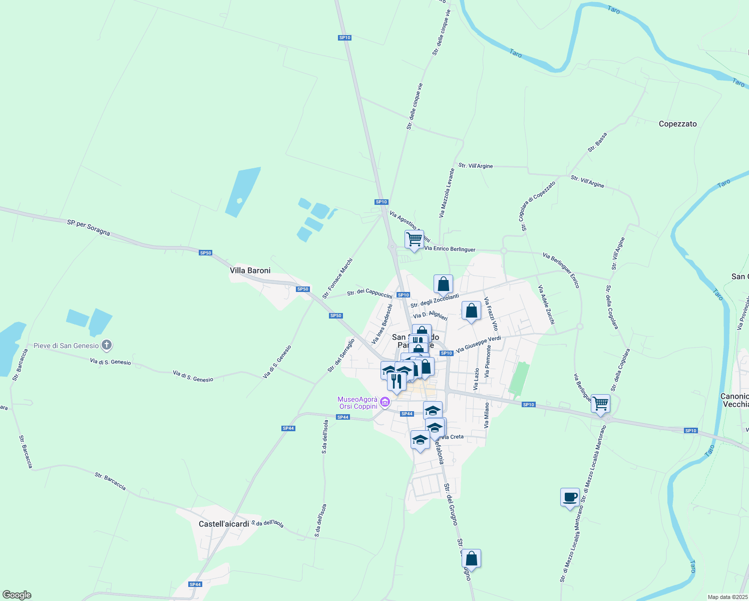map of restaurants, bars, coffee shops, grocery stores, and more near 31 Via B. Longhi in San Secondo Parmense