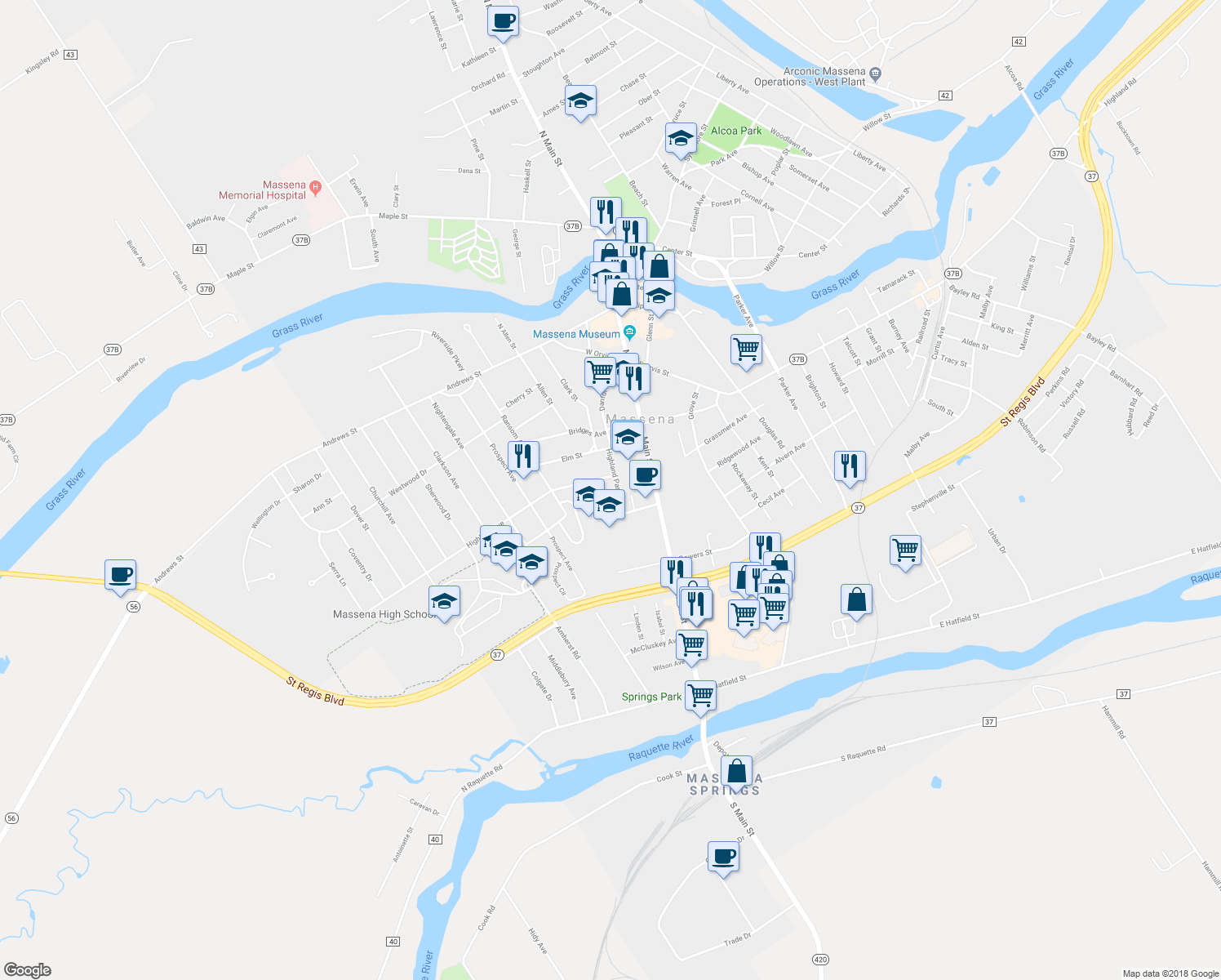 map of restaurants, bars, coffee shops, grocery stores, and more near 12 Highland Park in Massena