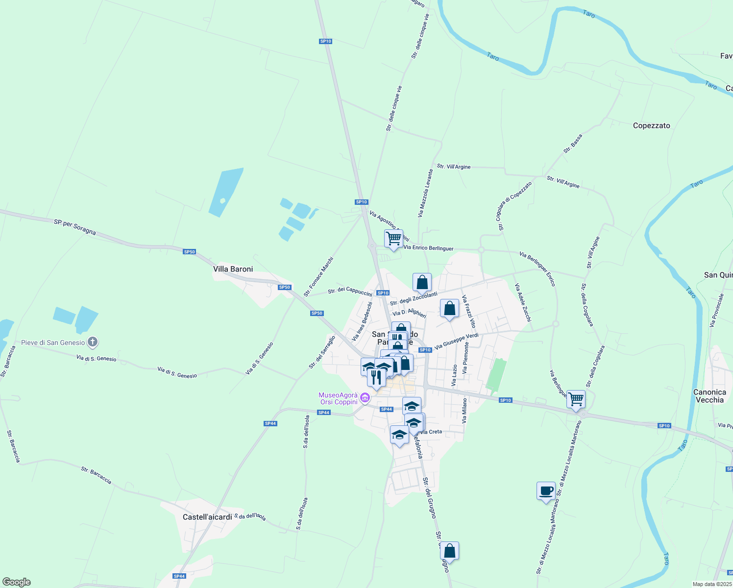 map of restaurants, bars, coffee shops, grocery stores, and more near 31 Via Longhi B. in San Secondo Parmense