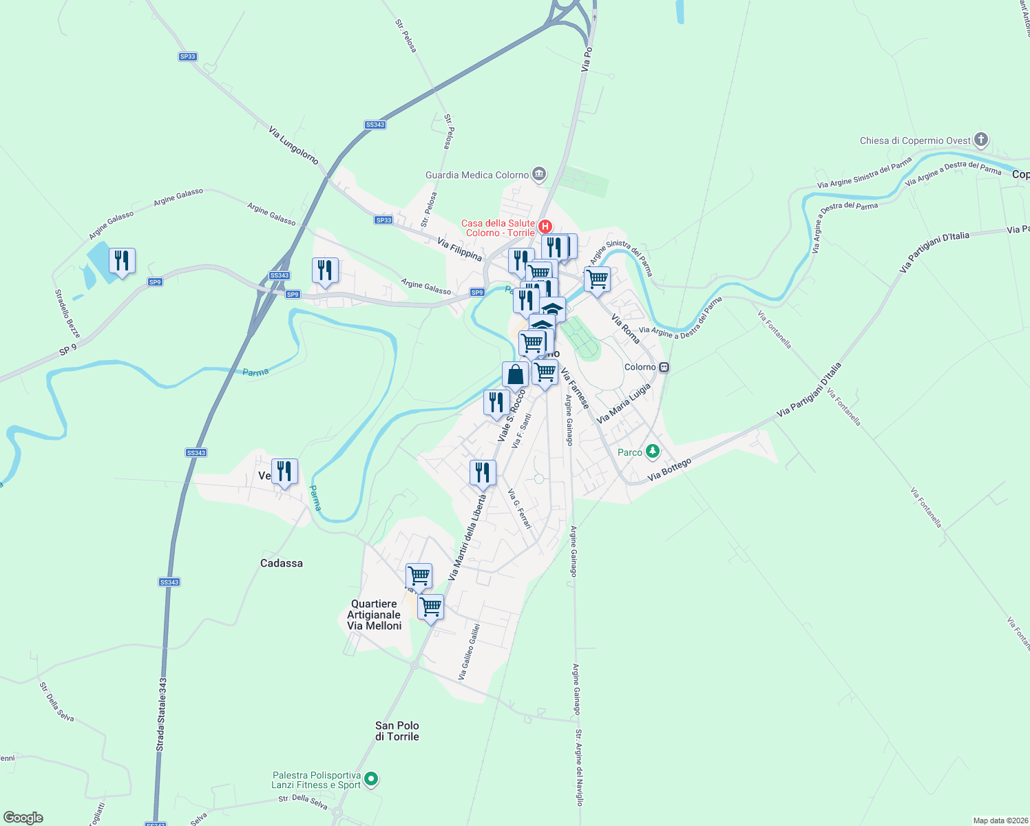 map of restaurants, bars, coffee shops, grocery stores, and more near 39 Viale San Rocco in Colorno