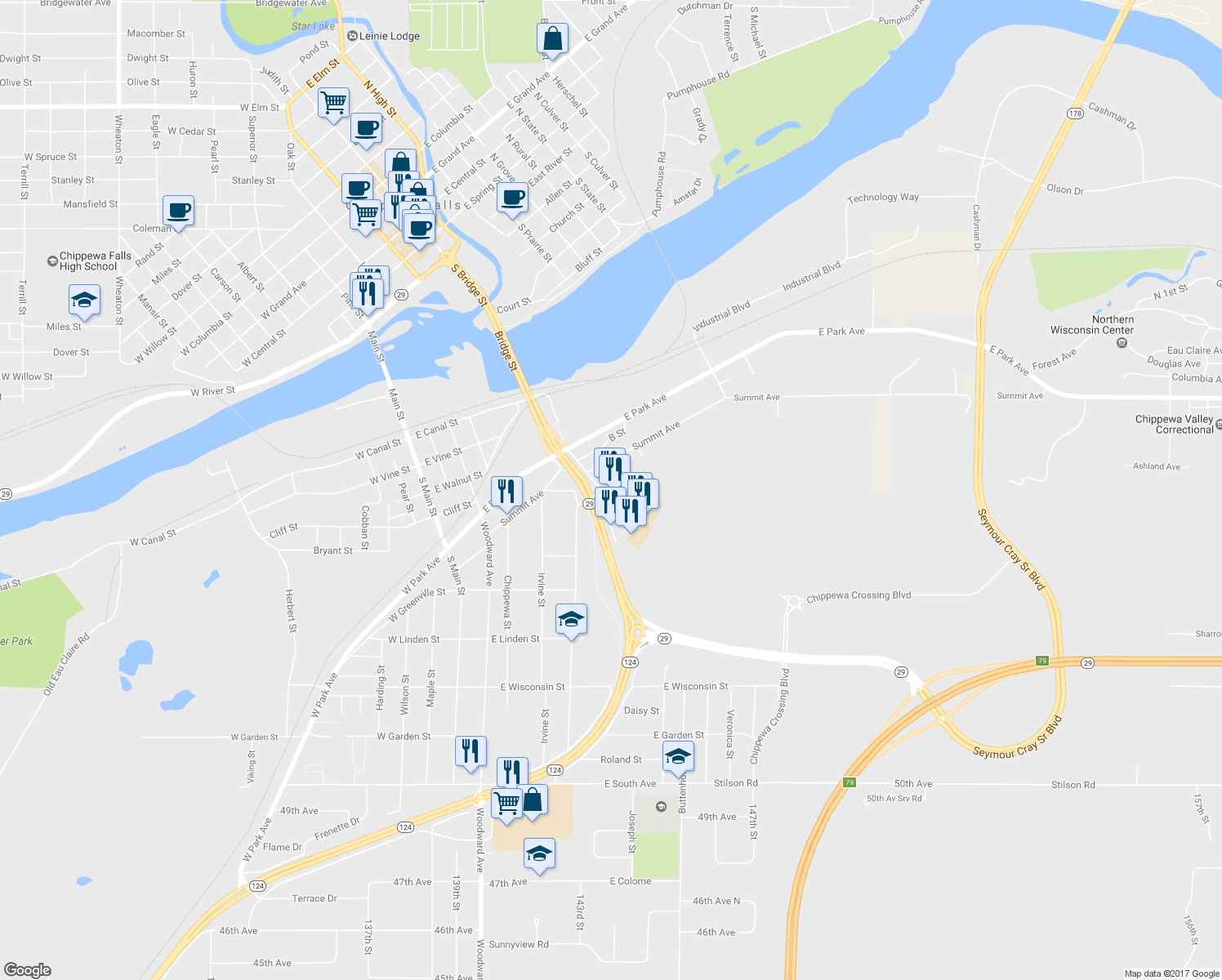 map of restaurants, bars, coffee shops, grocery stores, and more near 354 Chippewa Mall Dr in Chippewa Falls