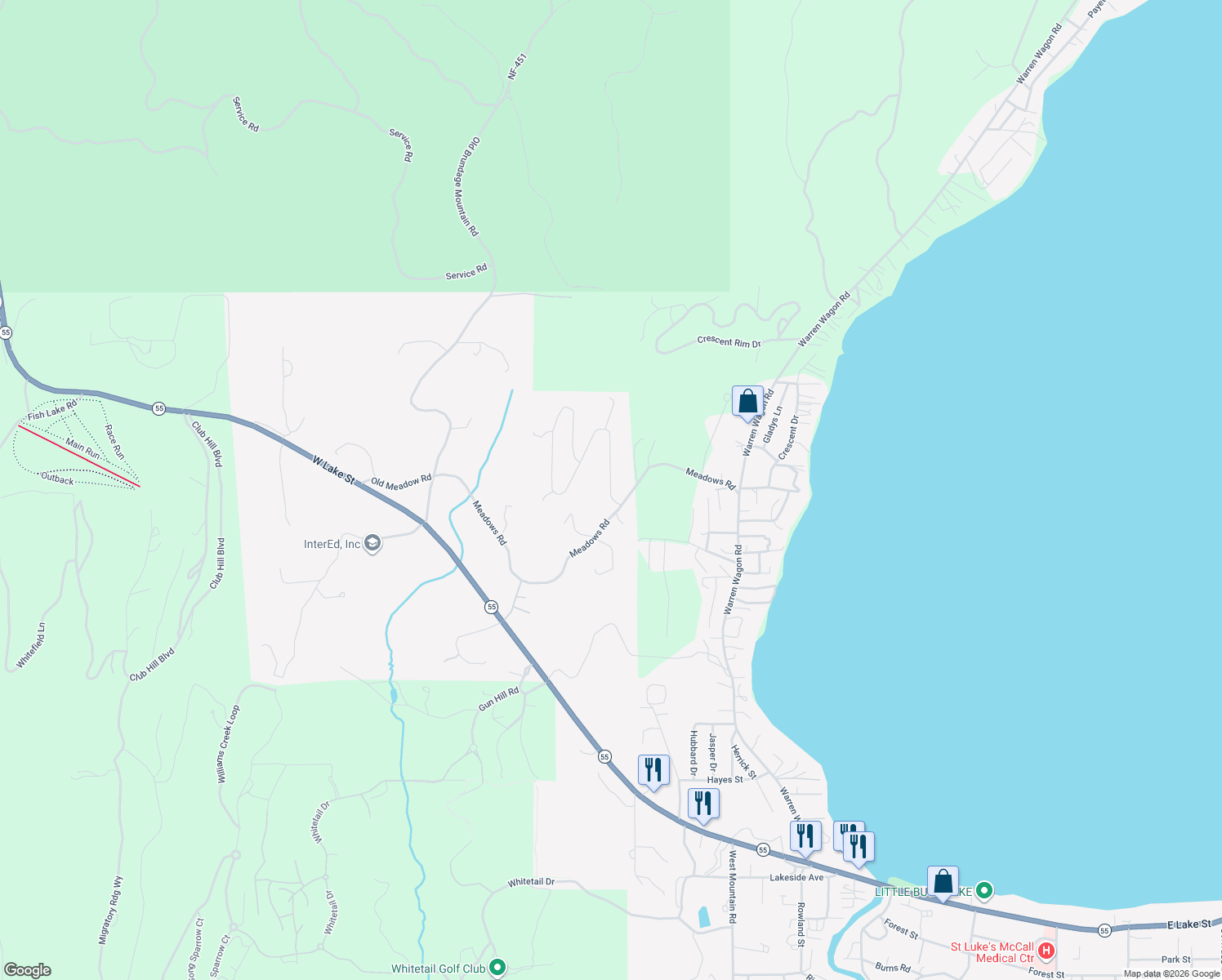 map of restaurants, bars, coffee shops, grocery stores, and more near 1625 Lakeridge Drive in McCall