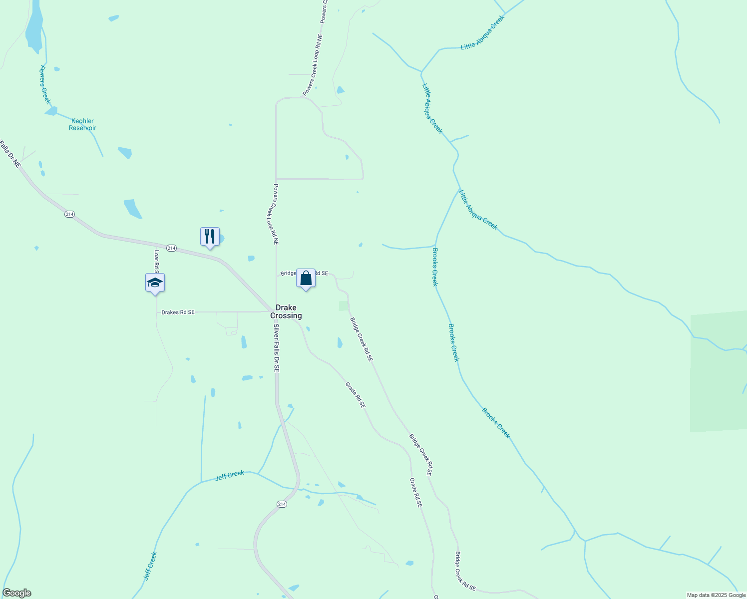 map of restaurants, bars, coffee shops, grocery stores, and more near 20067 Bridge Creek Road Southeast in Silverton