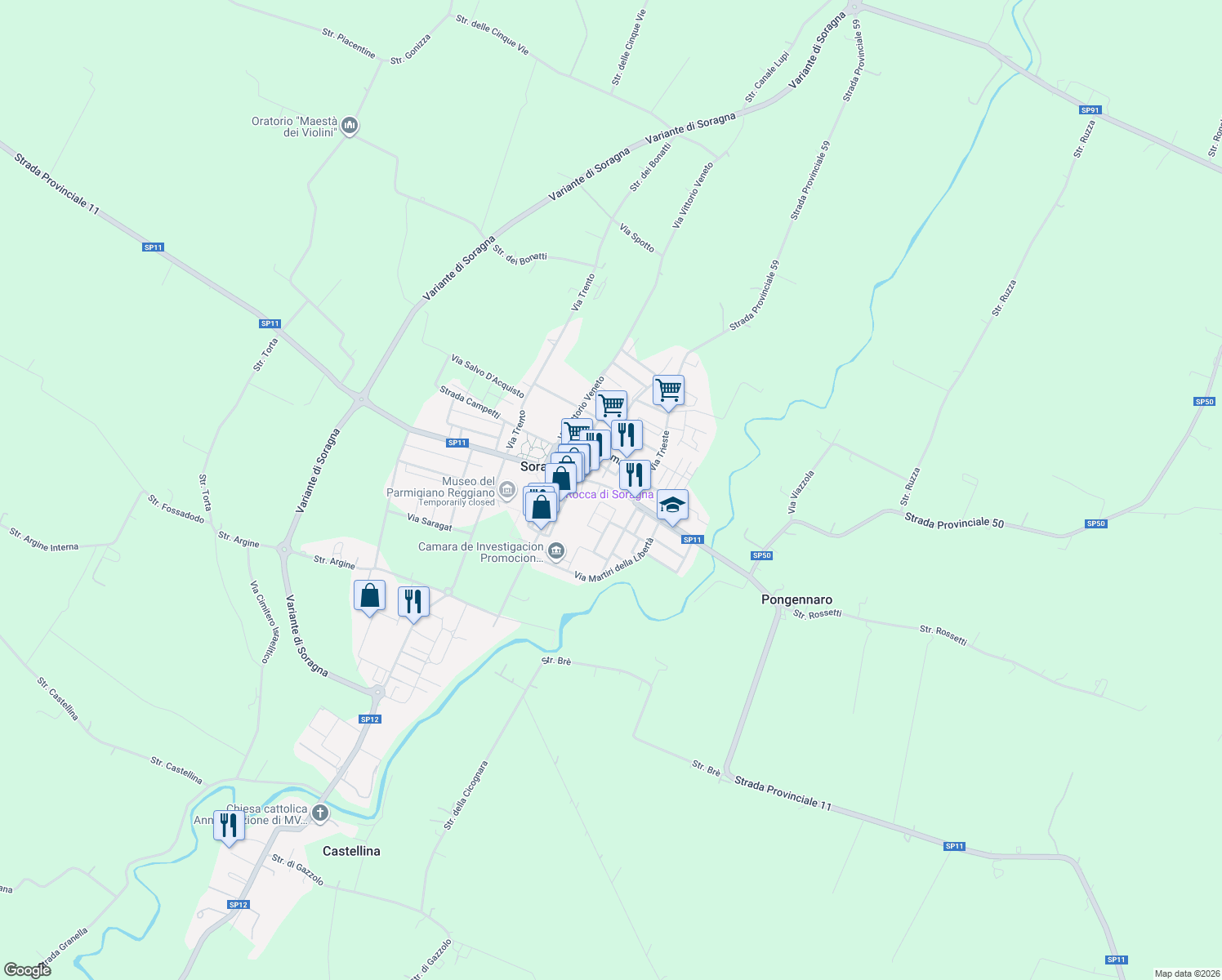 map of restaurants, bars, coffee shops, grocery stores, and more near 22 Via Giuseppe Garibaldi in Soragna