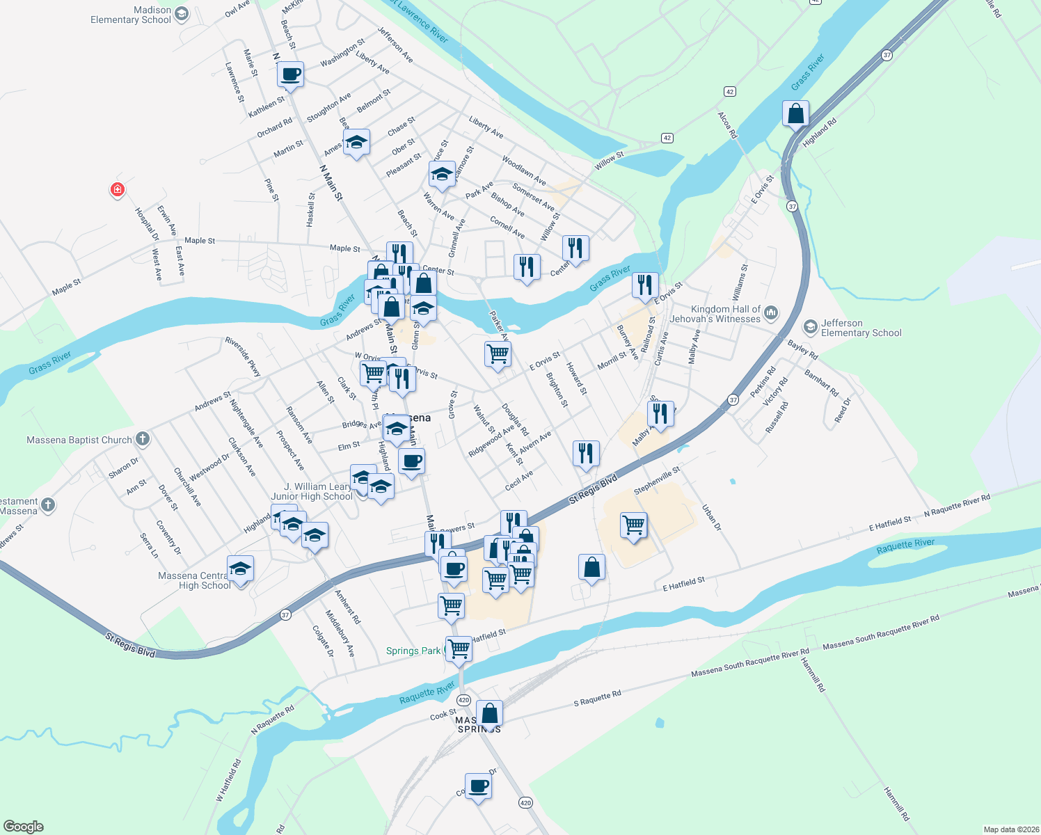 map of restaurants, bars, coffee shops, grocery stores, and more near 23 Douglas Rd in Massena