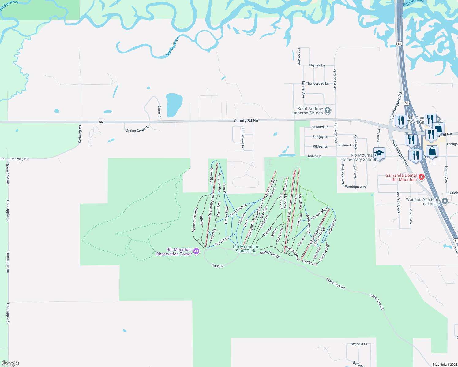 map of restaurants, bars, coffee shops, grocery stores, and more near 3204 Rib Mountain Way in Wausau