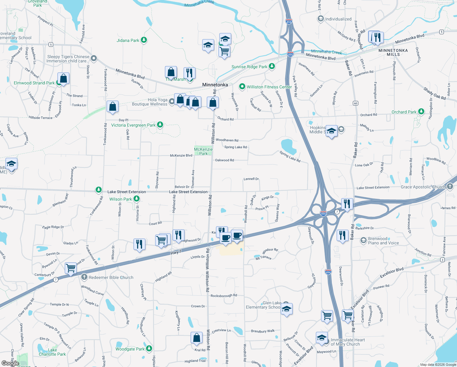 map of restaurants, bars, coffee shops, grocery stores, and more near 4128 Red Oak Ridge in Minnetonka