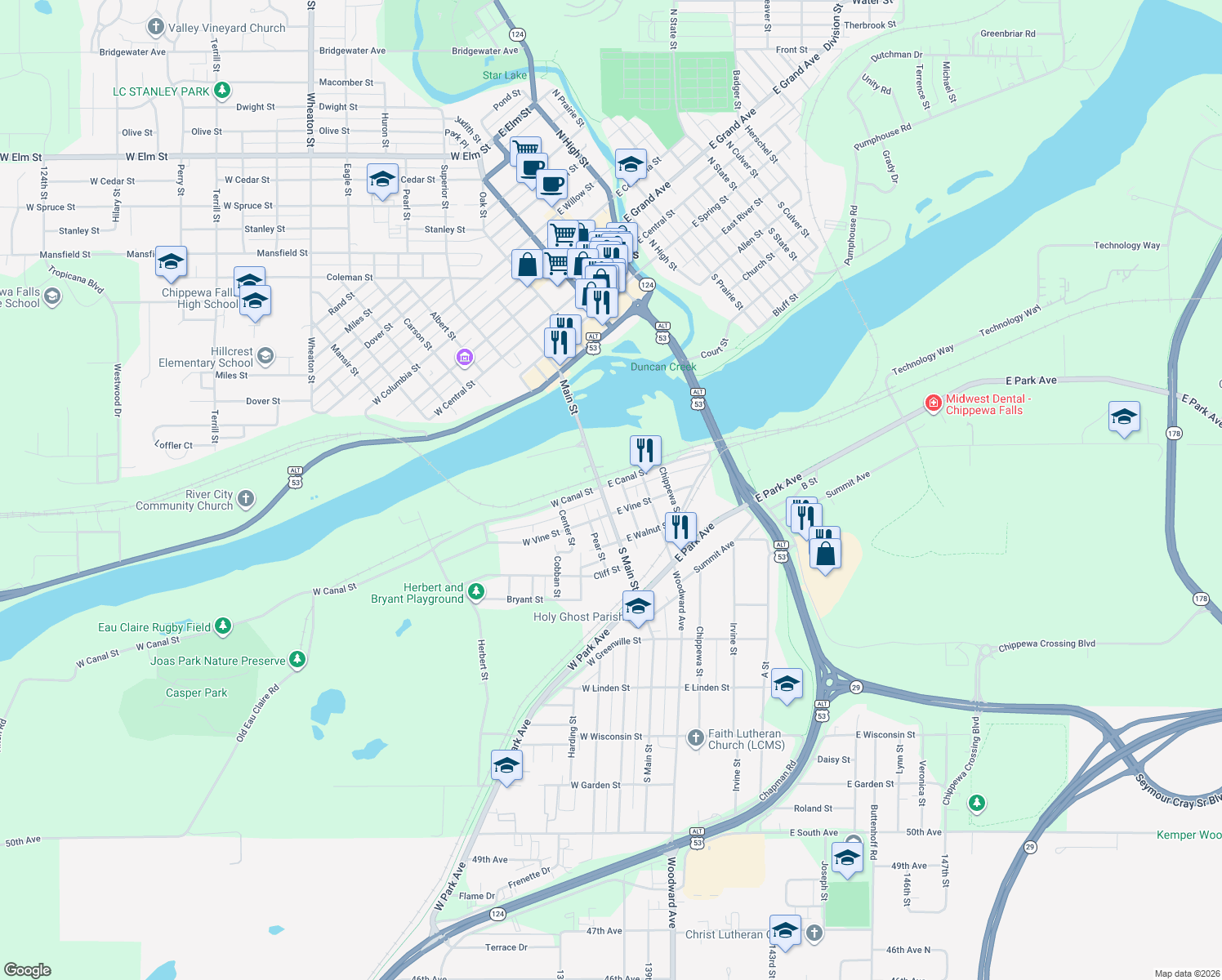 map of restaurants, bars, coffee shops, grocery stores, and more near 5 East Canal Street in Chippewa Falls