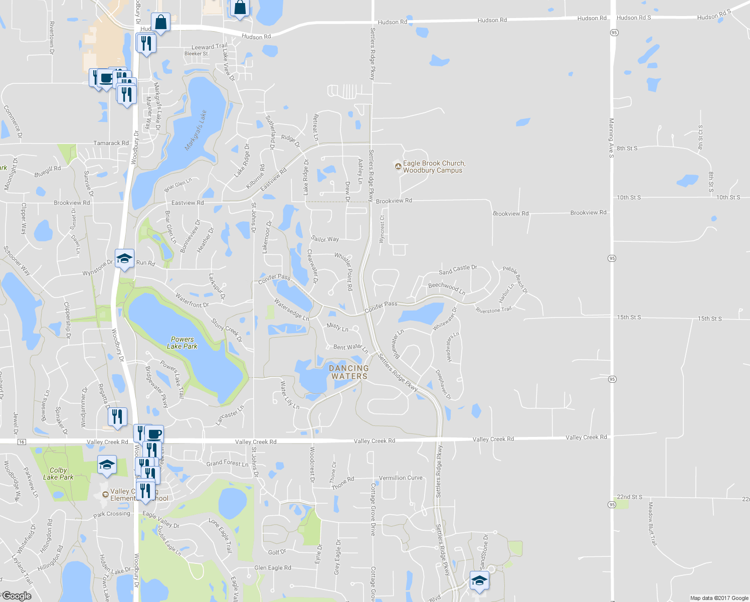 map of restaurants, bars, coffee shops, grocery stores, and more near 1281 Palisade Circle in Woodbury