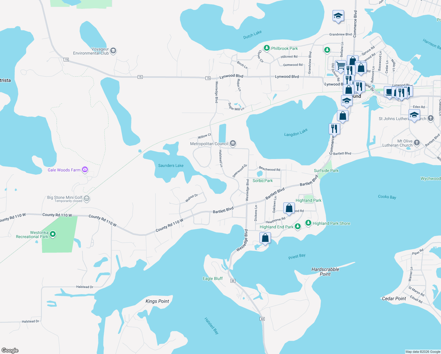 map of restaurants, bars, coffee shops, grocery stores, and more near 6375 Acorn Road in Mound