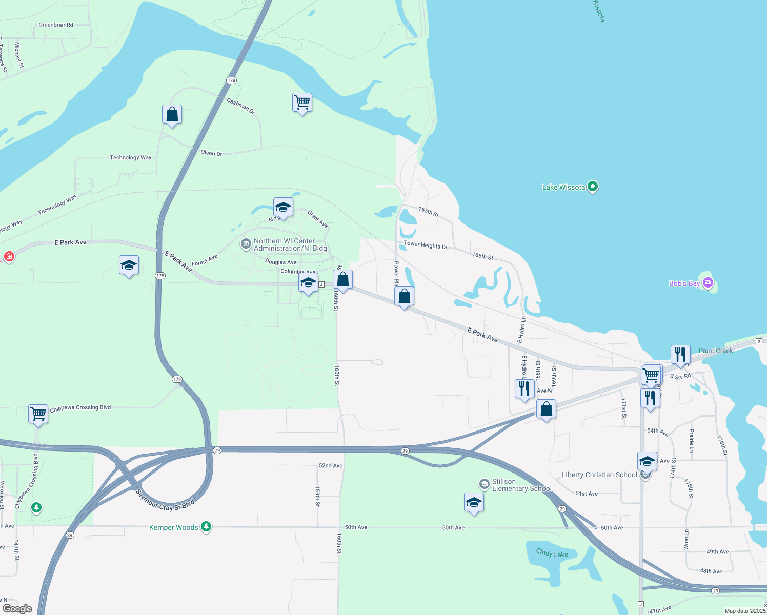 map of restaurants, bars, coffee shops, grocery stores, and more near 16209 County Highway J in Chippewa Falls