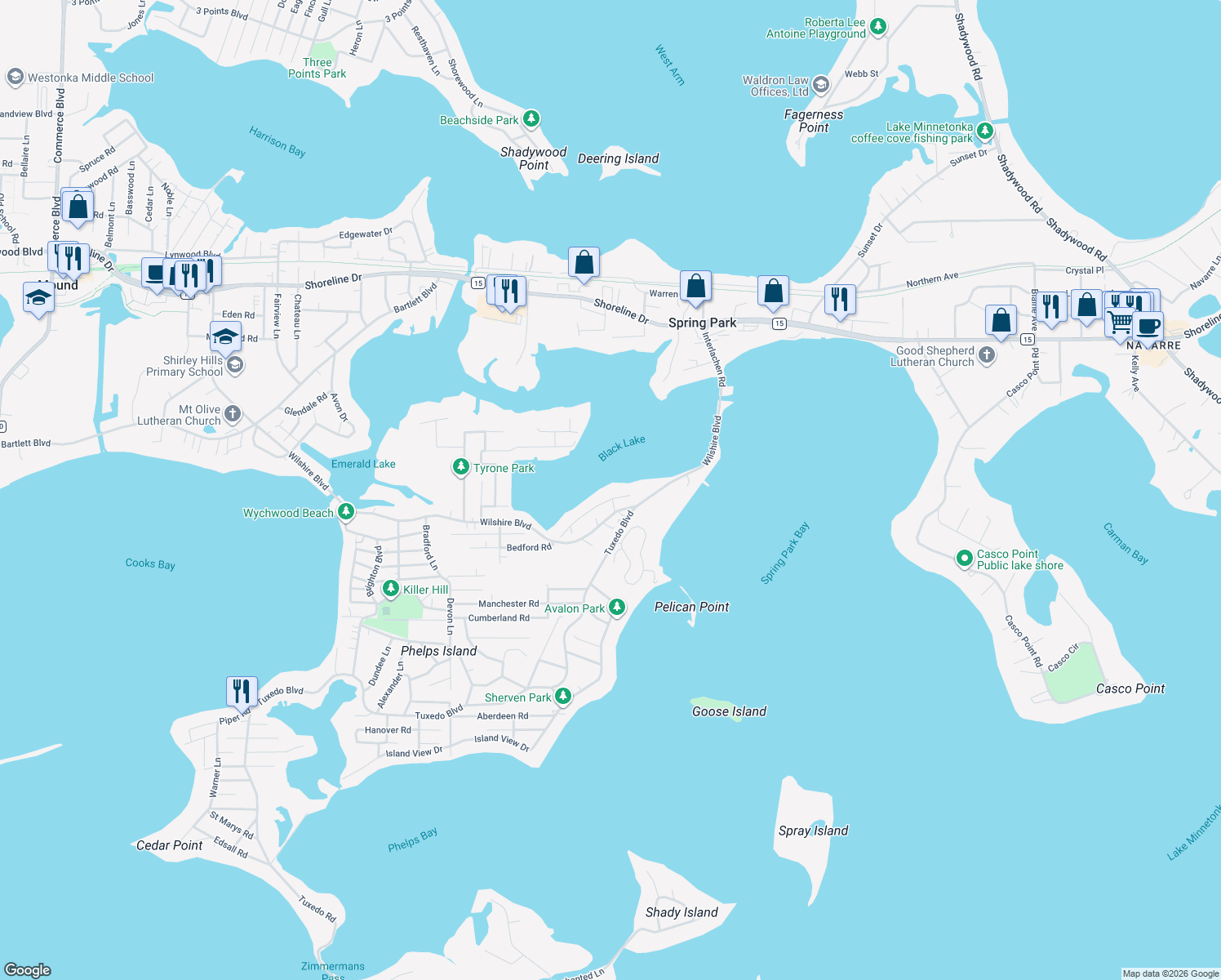 map of restaurants, bars, coffee shops, grocery stores, and more near 4446 Denbigh Road in Mound