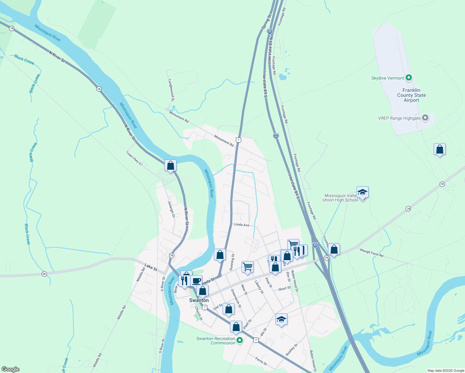 map of restaurants, bars, coffee shops, grocery stores, and more near 6 John Drive in Swanton