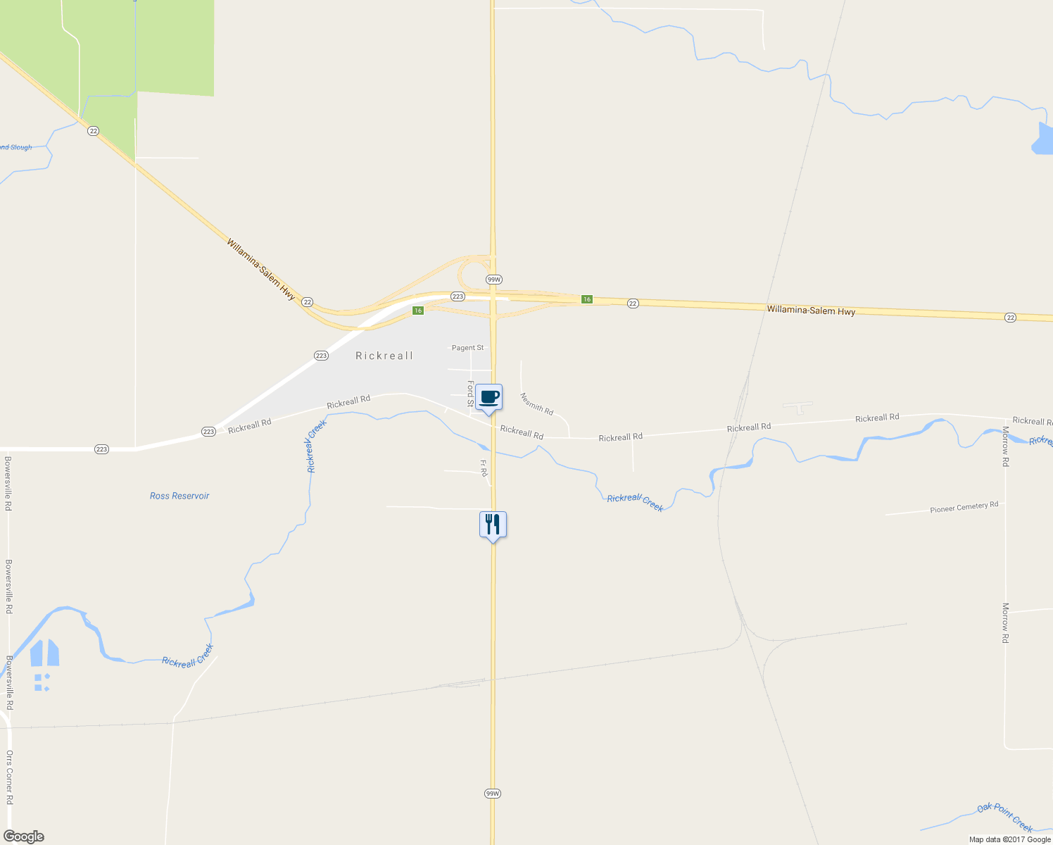 map of restaurants, bars, coffee shops, grocery stores, and more near 9585 Rickreall Road in Rickreall