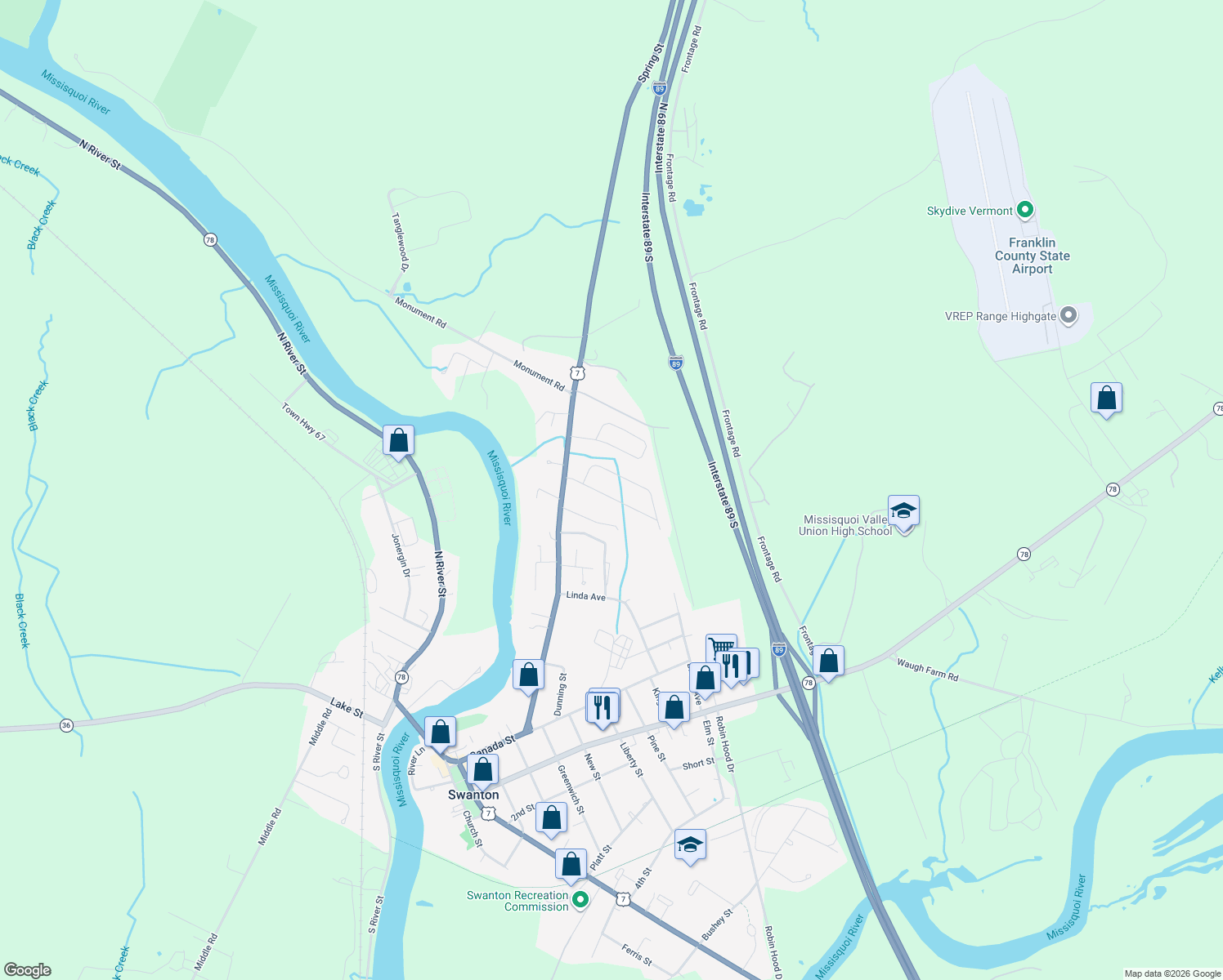 map of restaurants, bars, coffee shops, grocery stores, and more near 7 Jones Court in Swanton