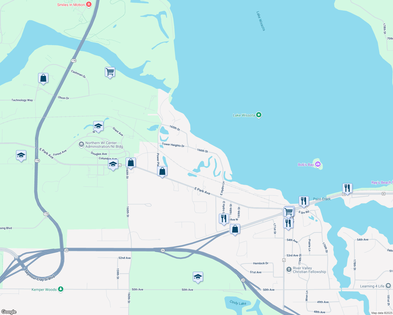 map of restaurants, bars, coffee shops, grocery stores, and more near 6166 166th St in Chippewa Falls