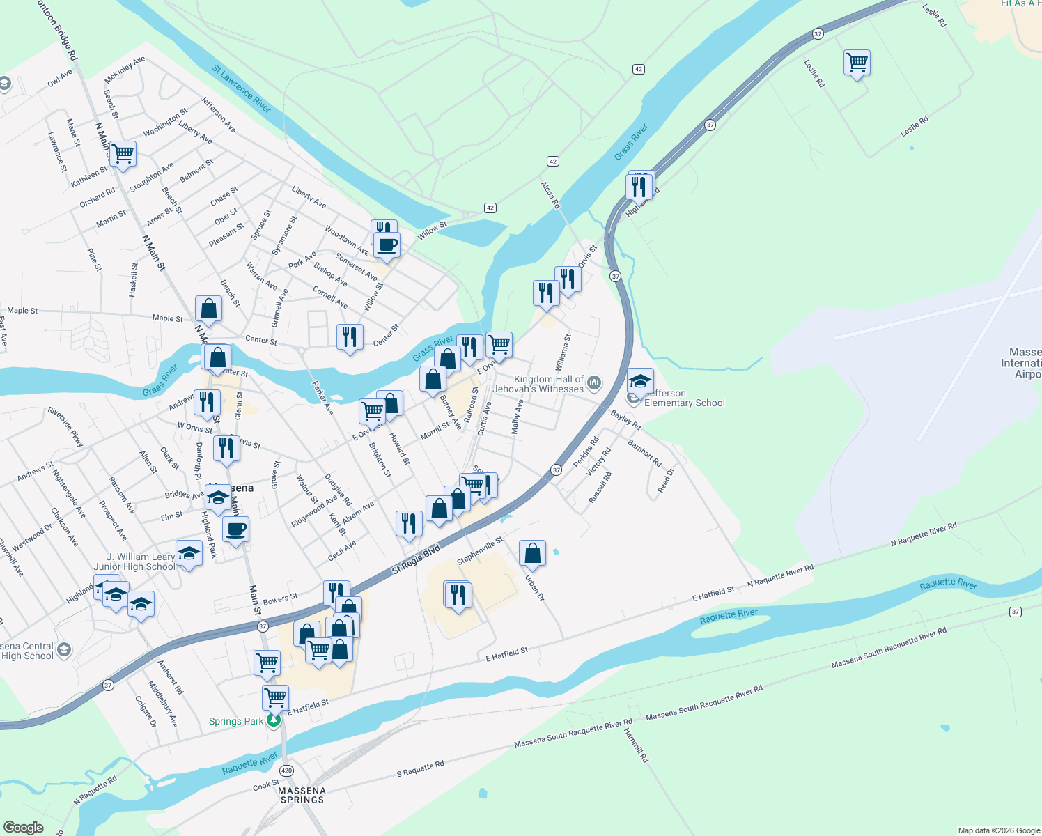 map of restaurants, bars, coffee shops, grocery stores, and more near 62 Malby Avenue in Massena