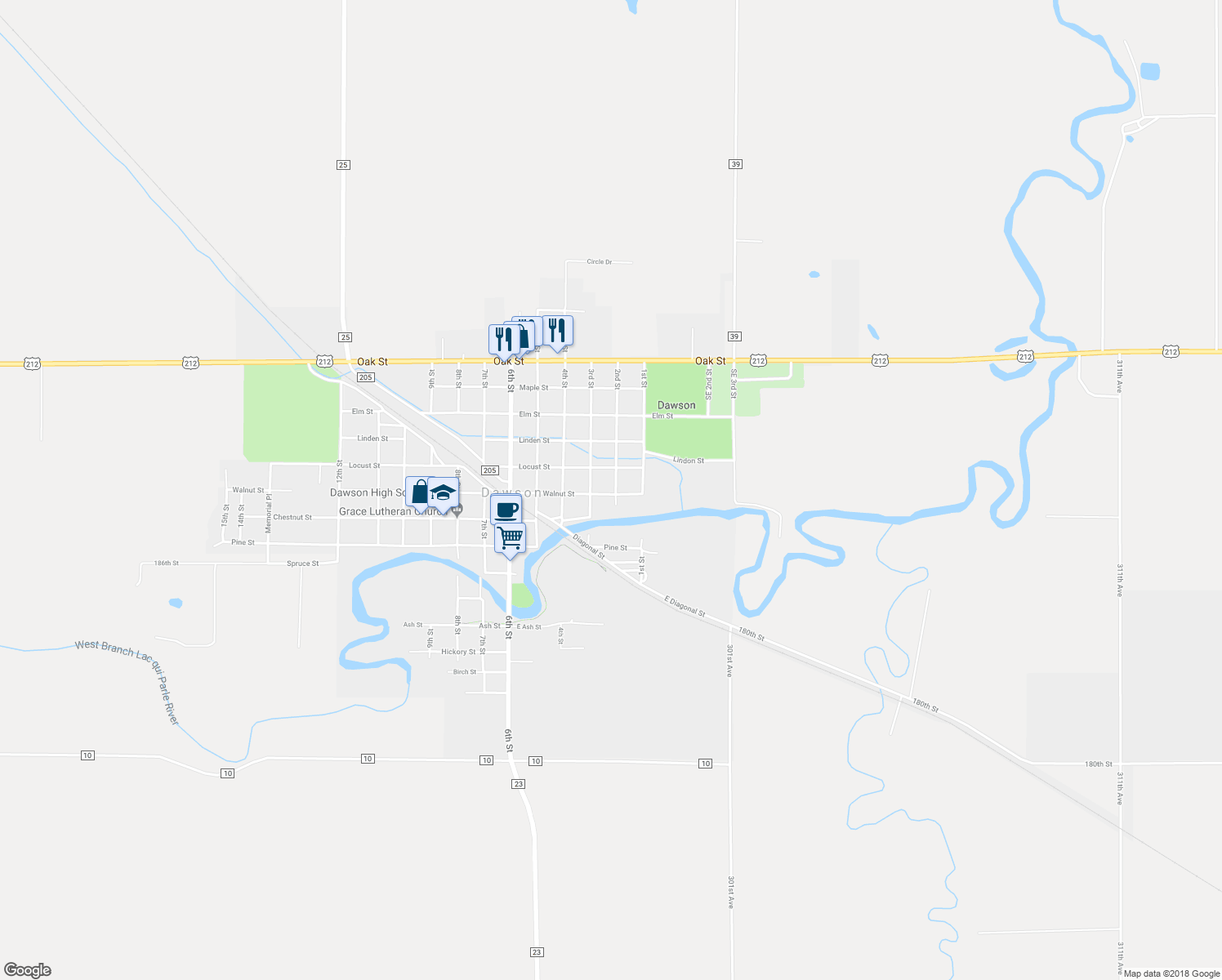 map of restaurants, bars, coffee shops, grocery stores, and more near 205 Walnut Street in Dawson