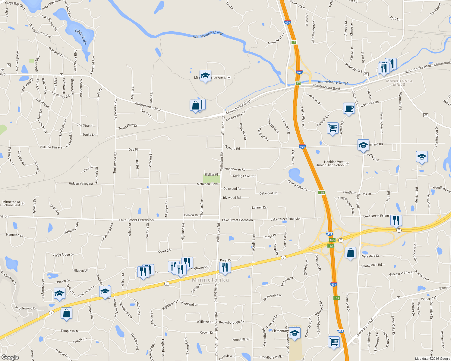 map of restaurants, bars, coffee shops, grocery stores, and more near 3937 Williston Road in Minnetonka