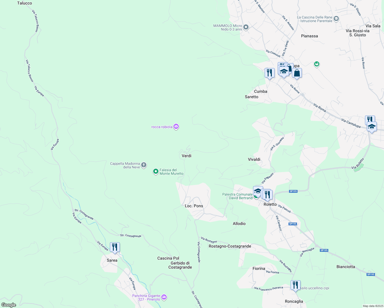 map of restaurants, bars, coffee shops, grocery stores, and more near 42 Via Giuseppe Ver di in Verdi