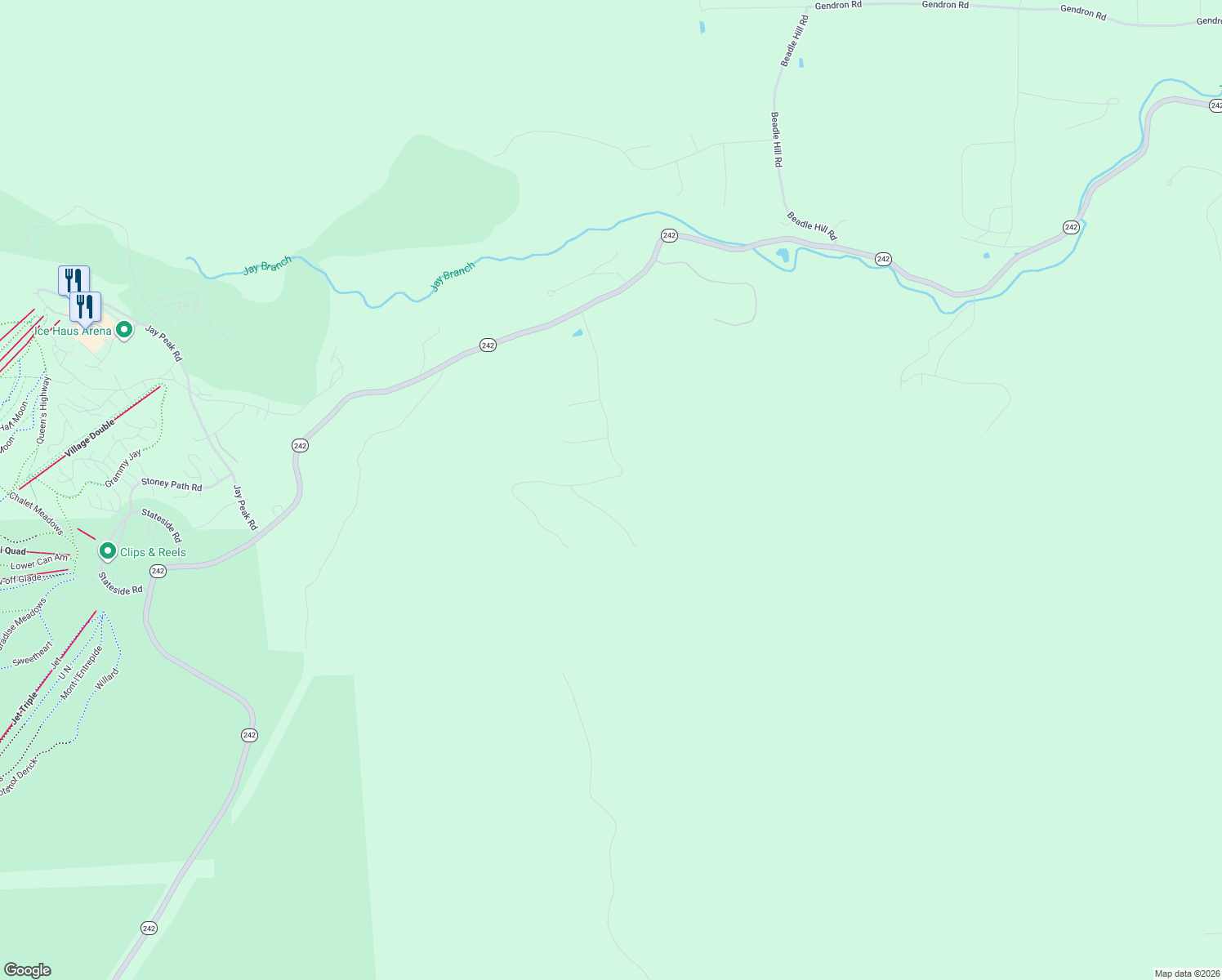 map of restaurants, bars, coffee shops, grocery stores, and more near 482 Shallow Brook Road in Jay