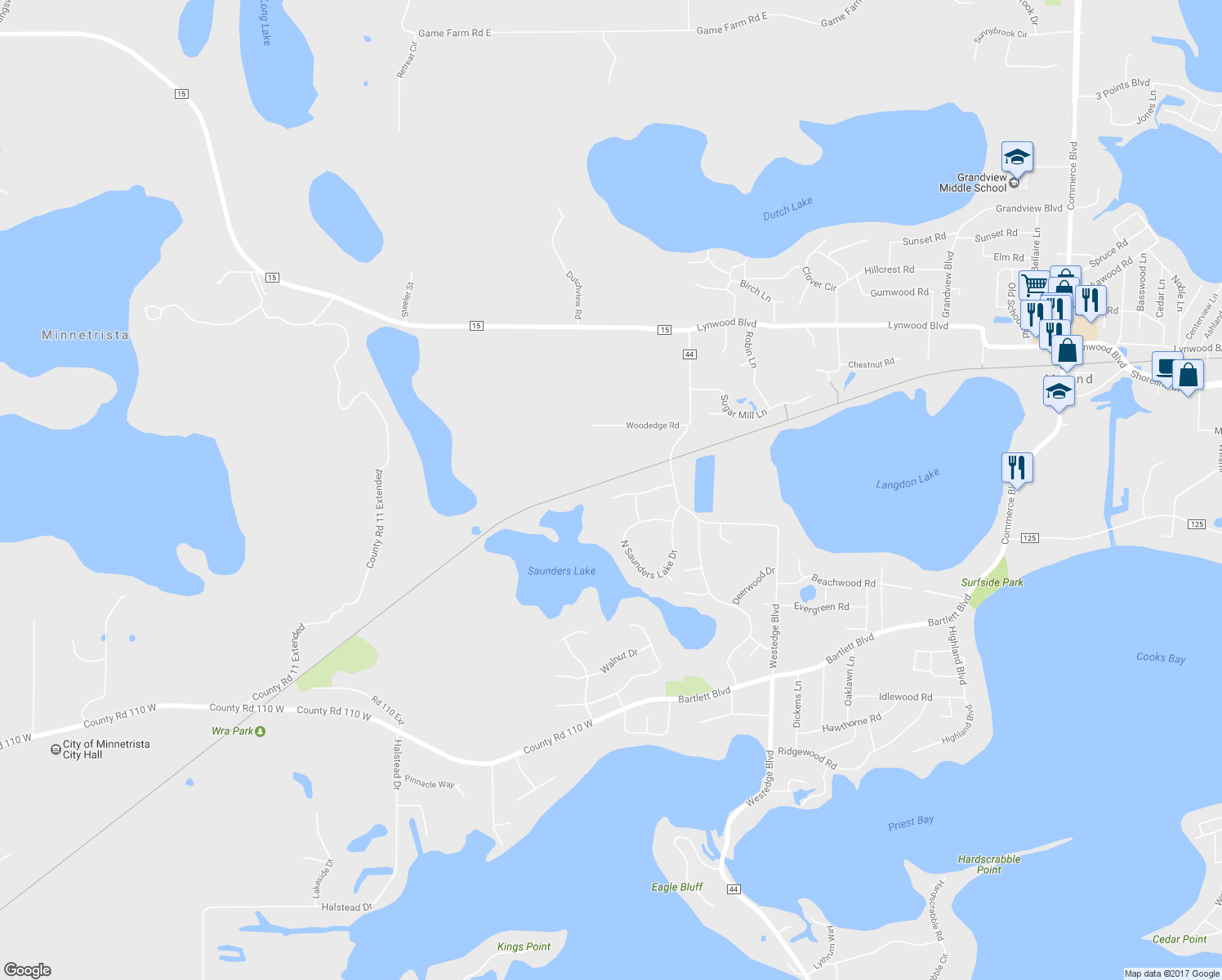 map of restaurants, bars, coffee shops, grocery stores, and more near 6582 Willow Court in Mound