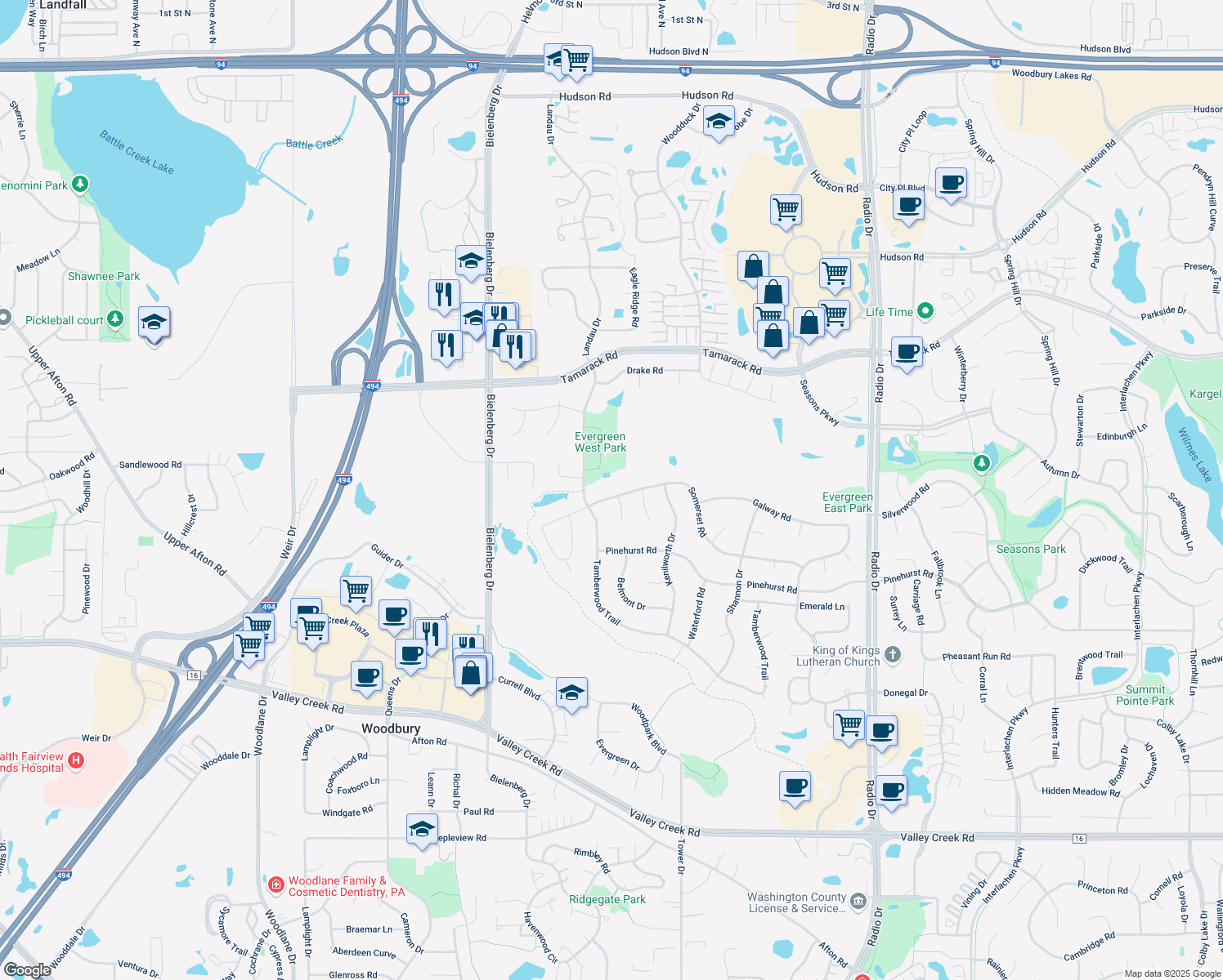 map of restaurants, bars, coffee shops, grocery stores, and more near 7816 Somerset Road in Woodbury