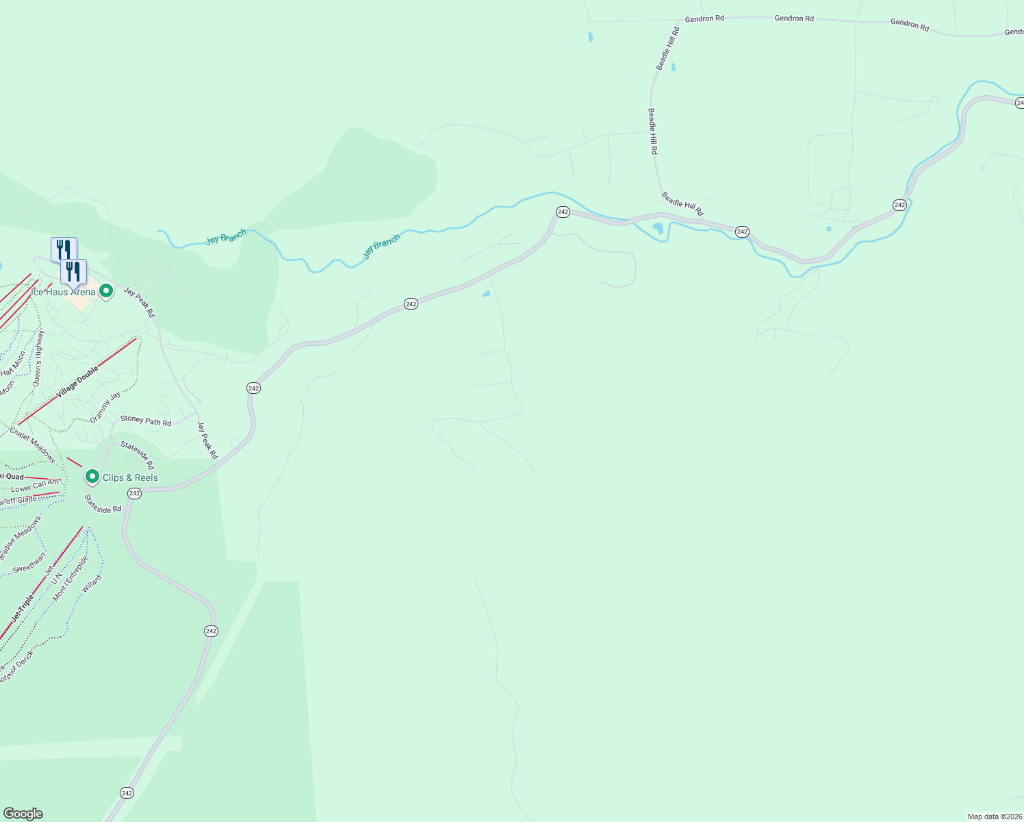 map of restaurants, bars, coffee shops, grocery stores, and more near 482 Shallow Brook Road in Jay