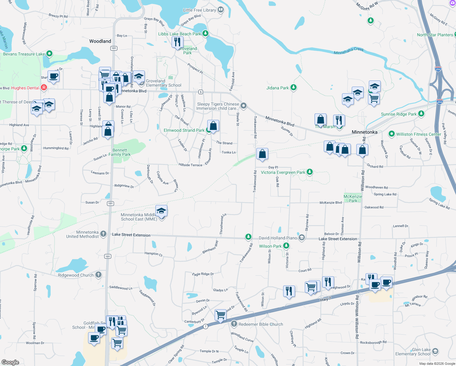 map of restaurants, bars, coffee shops, grocery stores, and more near 16300 Pine Street in Minnetonka