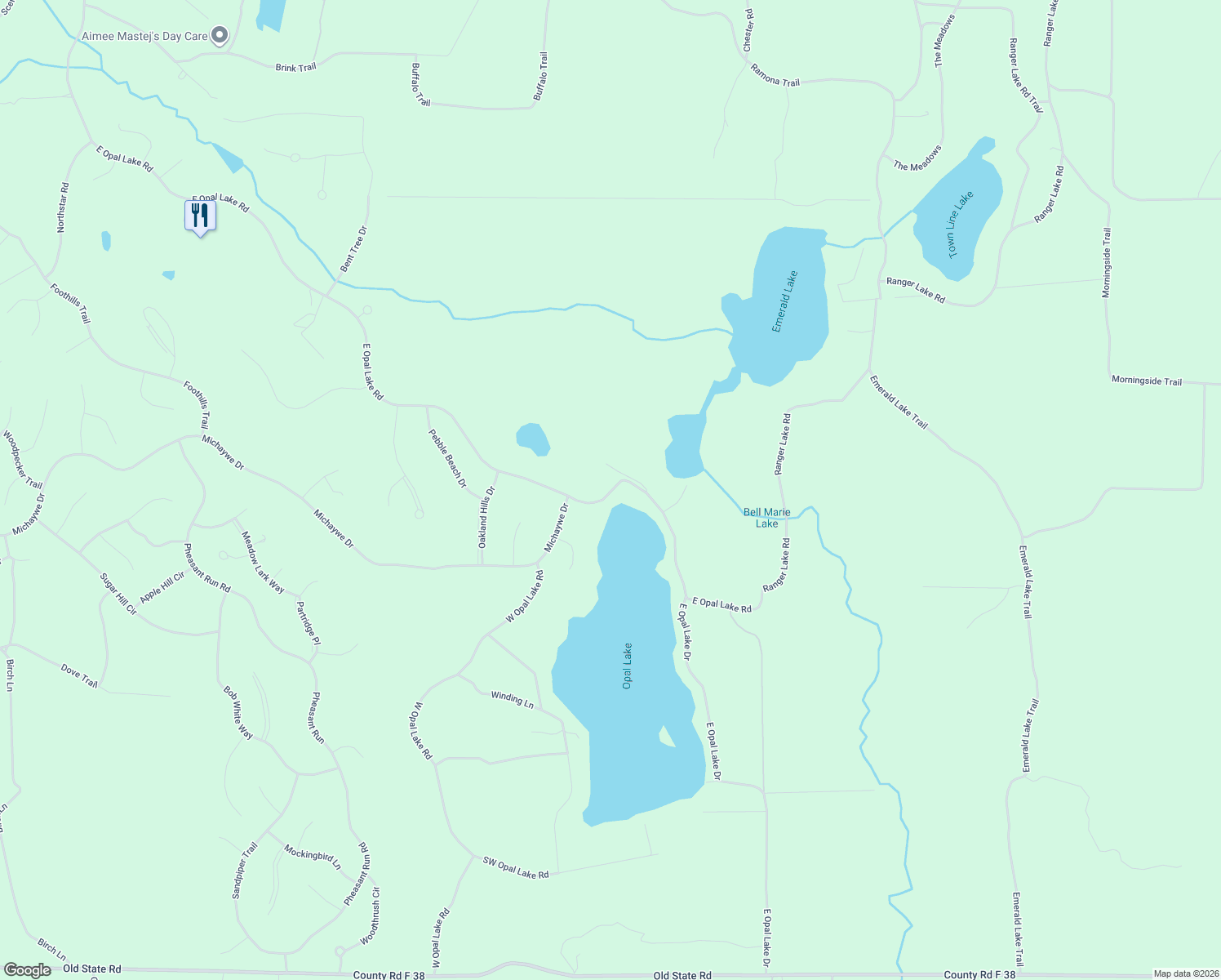 map of restaurants, bars, coffee shops, grocery stores, and more near 5567 Opal Lake Rd in Gaylord