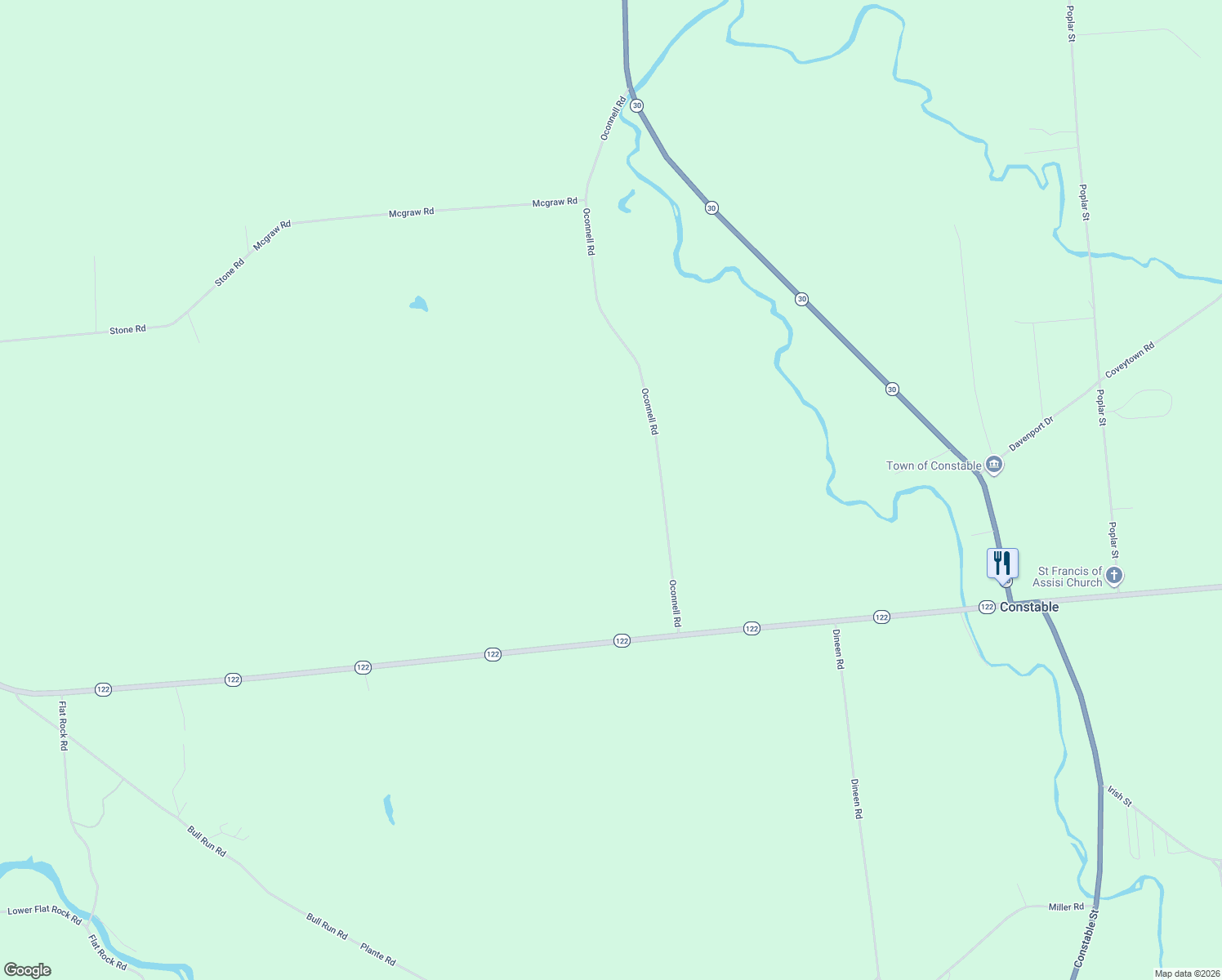 map of restaurants, bars, coffee shops, grocery stores, and more near 91 Oconnell Rd in Constable