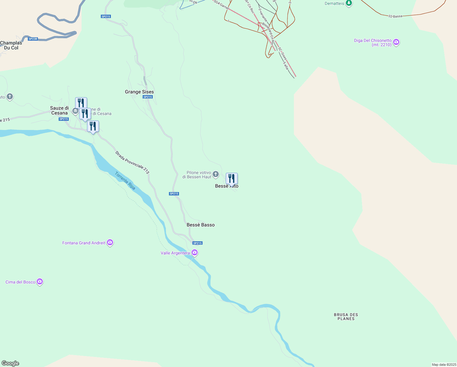 map of restaurants, bars, coffee shops, grocery stores, and more near Strada per Basse Alto in Bessè Alto