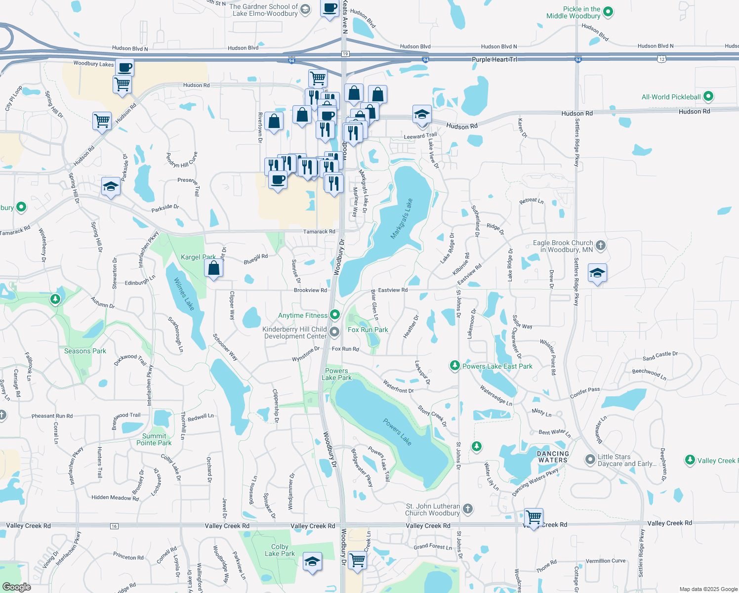 map of restaurants, bars, coffee shops, grocery stores, and more near 1010 Briar Glen Ln in Woodbury