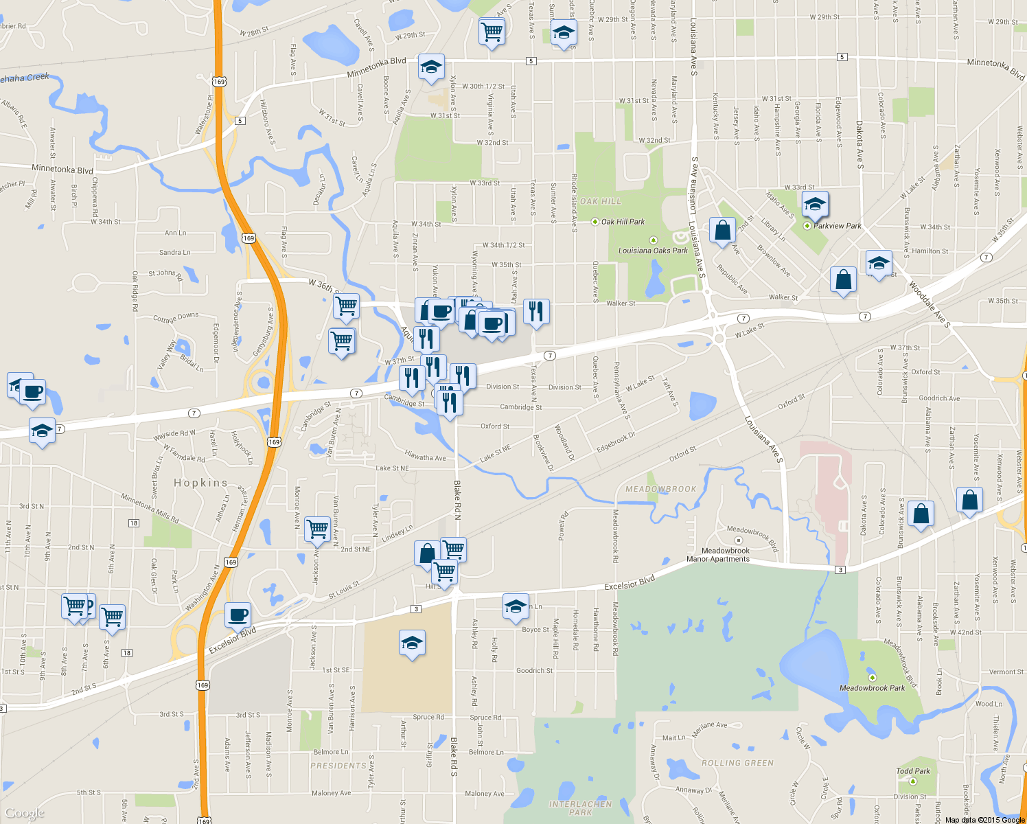 map of restaurants, bars, coffee shops, grocery stores, and more near 1414 Cambridge St in Hopkins