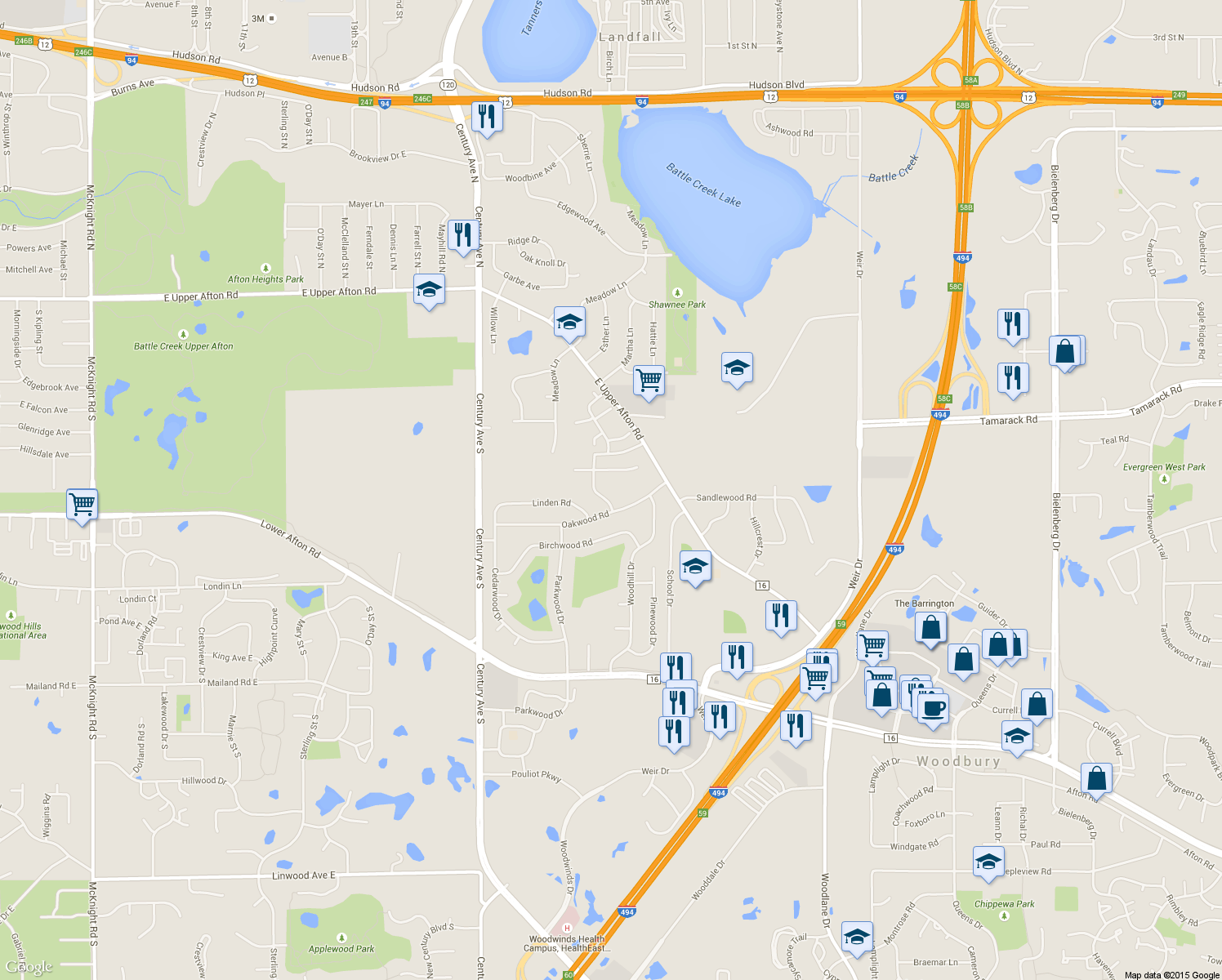 map of restaurants, bars, coffee shops, grocery stores, and more near 1049 Sprucewood Dr in Woodbury