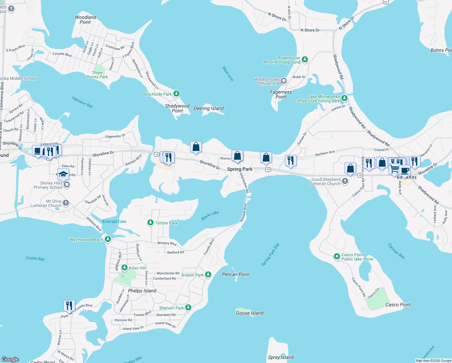 map of restaurants, bars, coffee shops, grocery stores, and more near 2429 Black Lake Road in Spring Park
