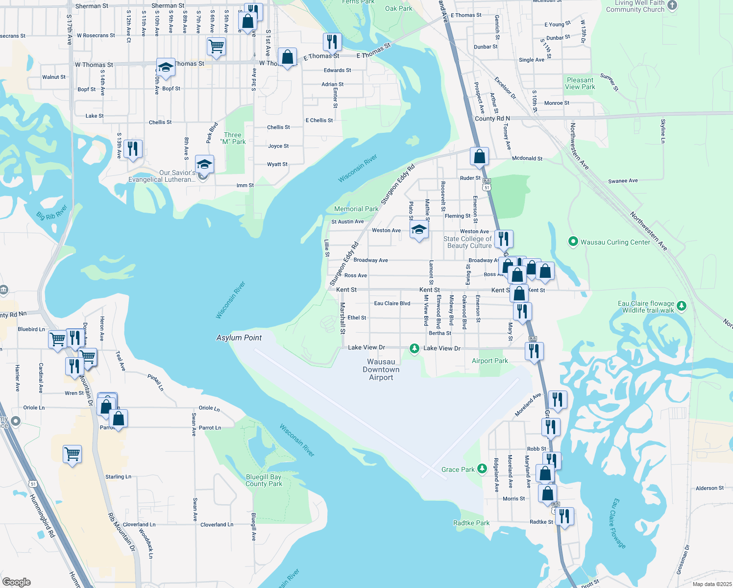 map of restaurants, bars, coffee shops, grocery stores, and more near 2206 Zimmerman St in Wausau