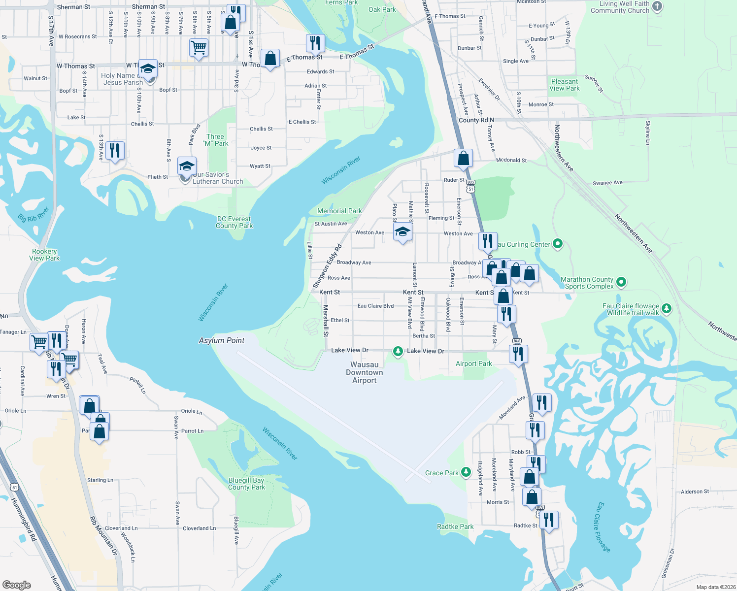 map of restaurants, bars, coffee shops, grocery stores, and more near 721 Kent St in Wausau