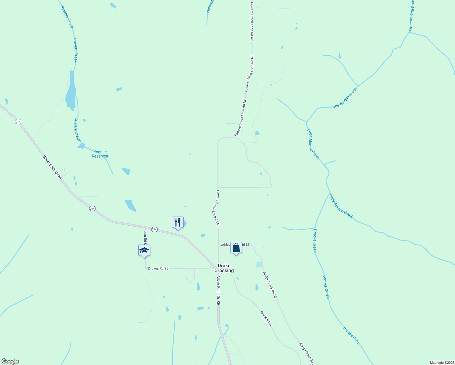 map of restaurants, bars, coffee shops, grocery stores, and more near 19019 Powers Creek Loop Road Northeast in Silverton