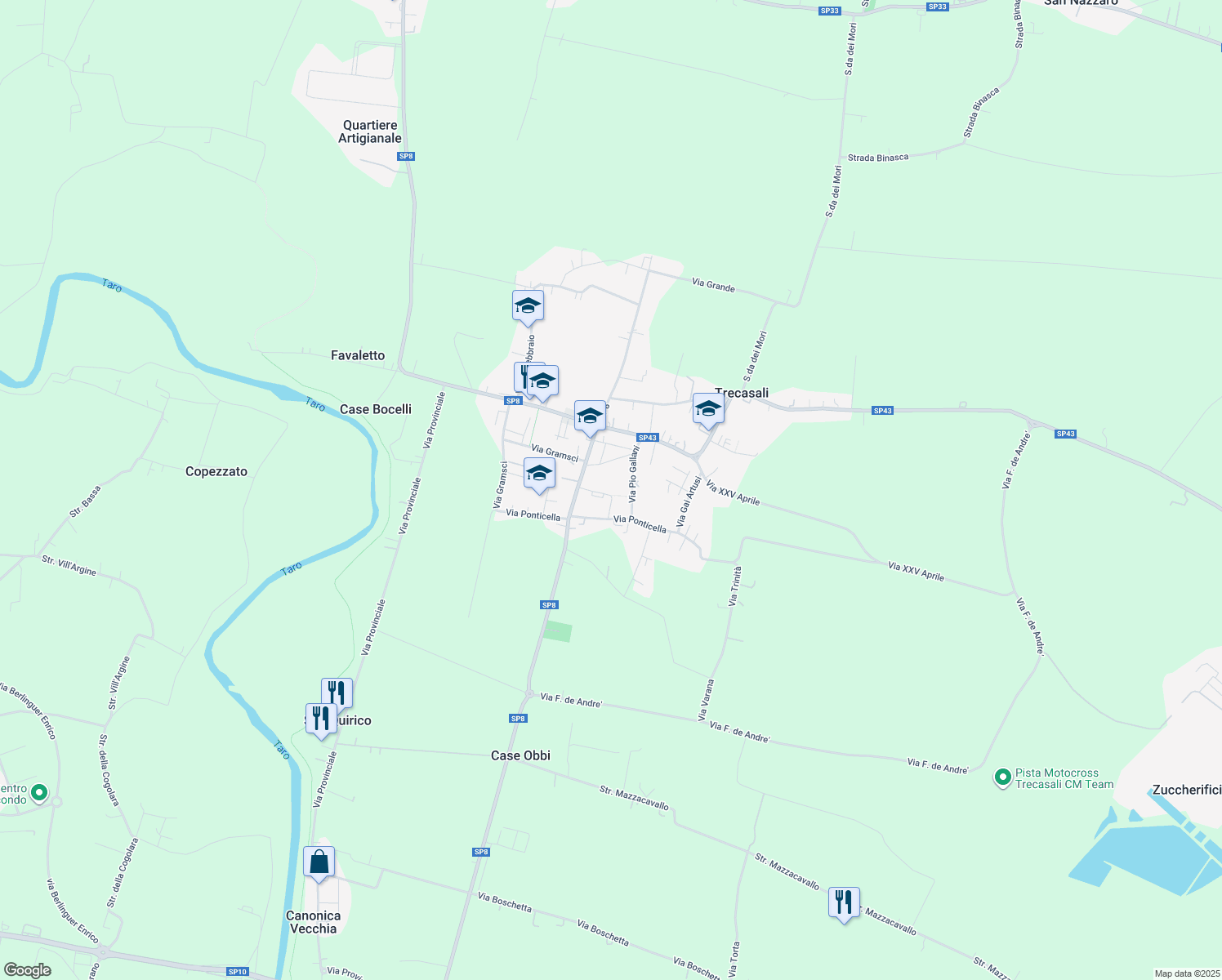 map of restaurants, bars, coffee shops, grocery stores, and more near 8 Via I° Maggio in Trecasali