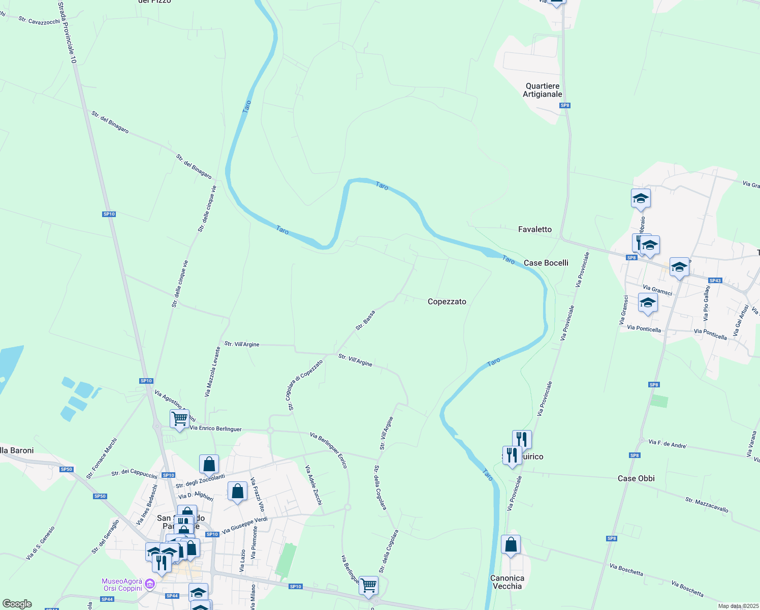 map of restaurants, bars, coffee shops, grocery stores, and more near 3 Strada Bassa in Provincia di Parma