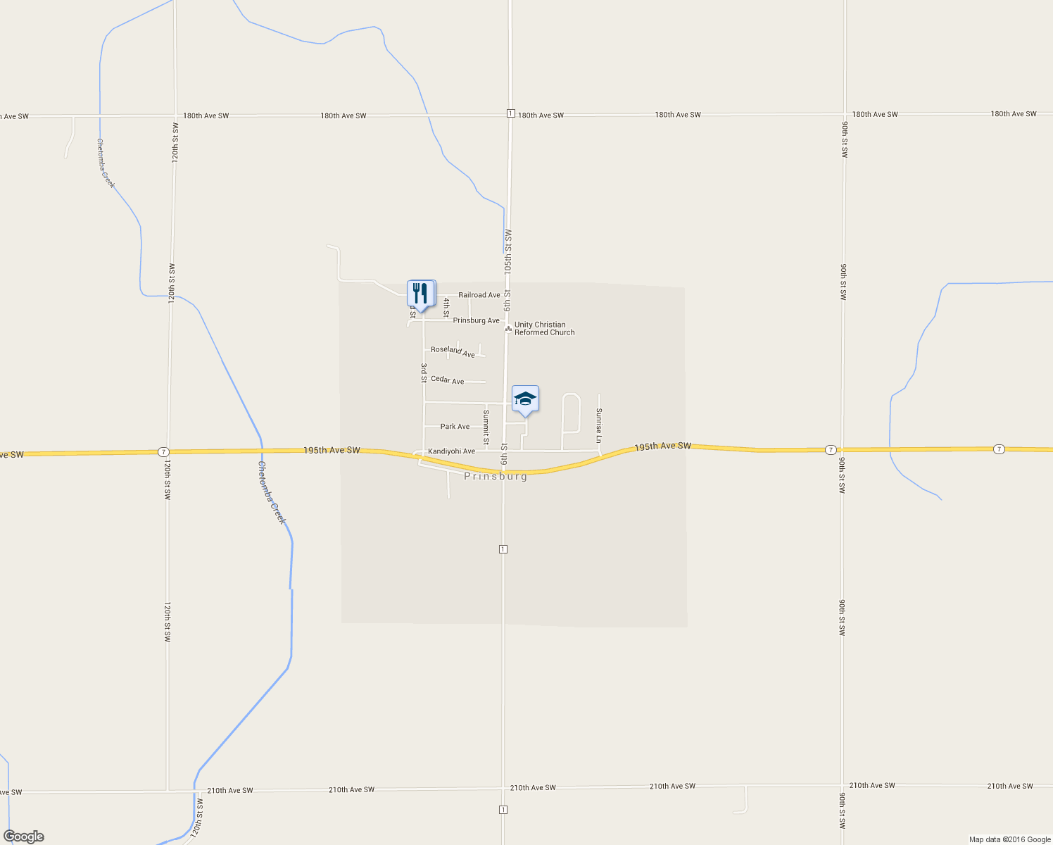 map of restaurants, bars, coffee shops, grocery stores, and more near 204 School Street in Prinsburg