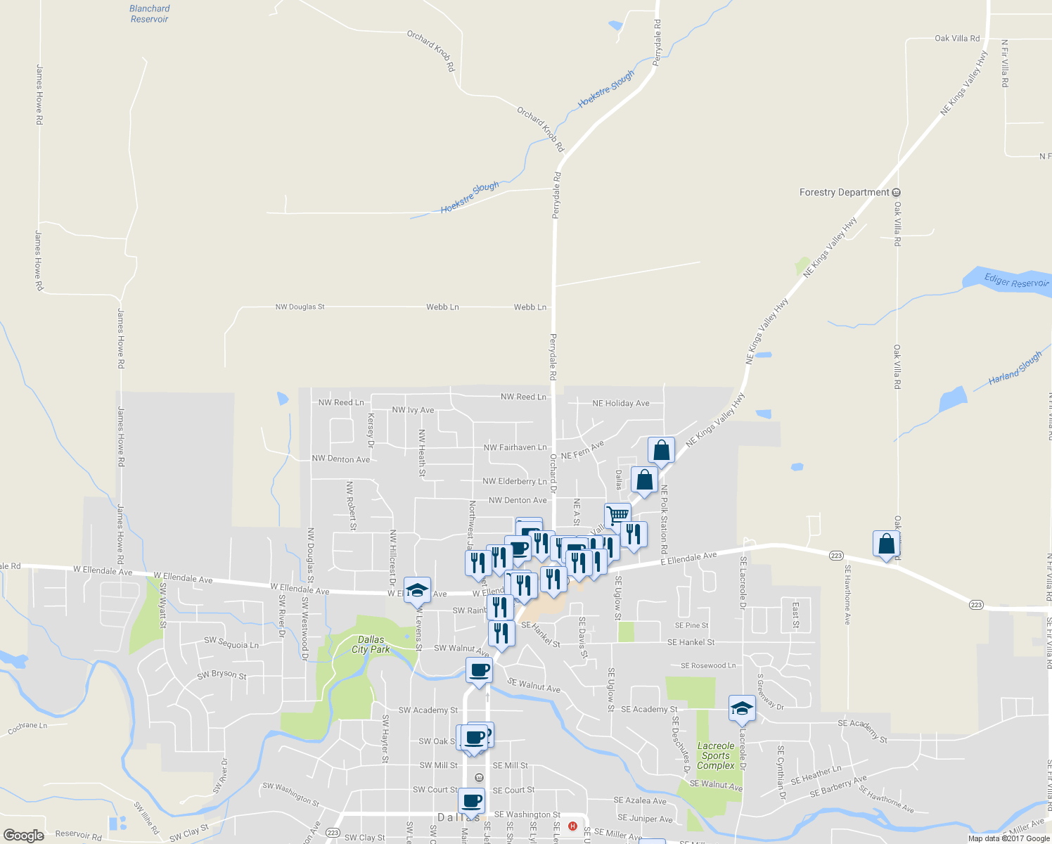 map of restaurants, bars, coffee shops, grocery stores, and more near 132 Northwest Howard Lane in Dallas