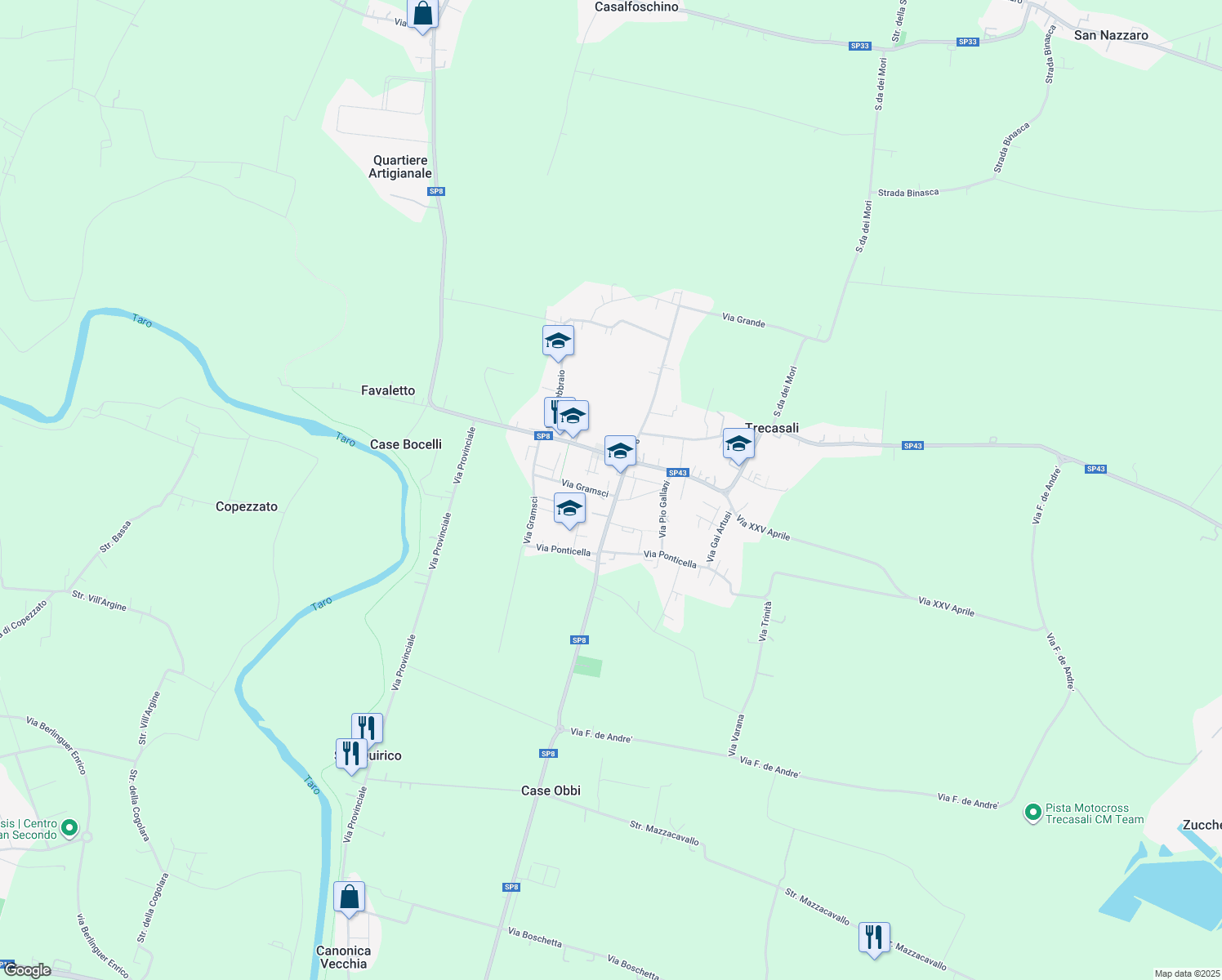 map of restaurants, bars, coffee shops, grocery stores, and more near Strada Provinciale 8 in Trecasali