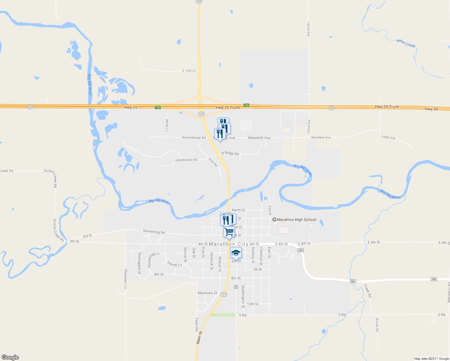 map of restaurants, bars, coffee shops, grocery stores, and more near 200 River Road in Marathon City