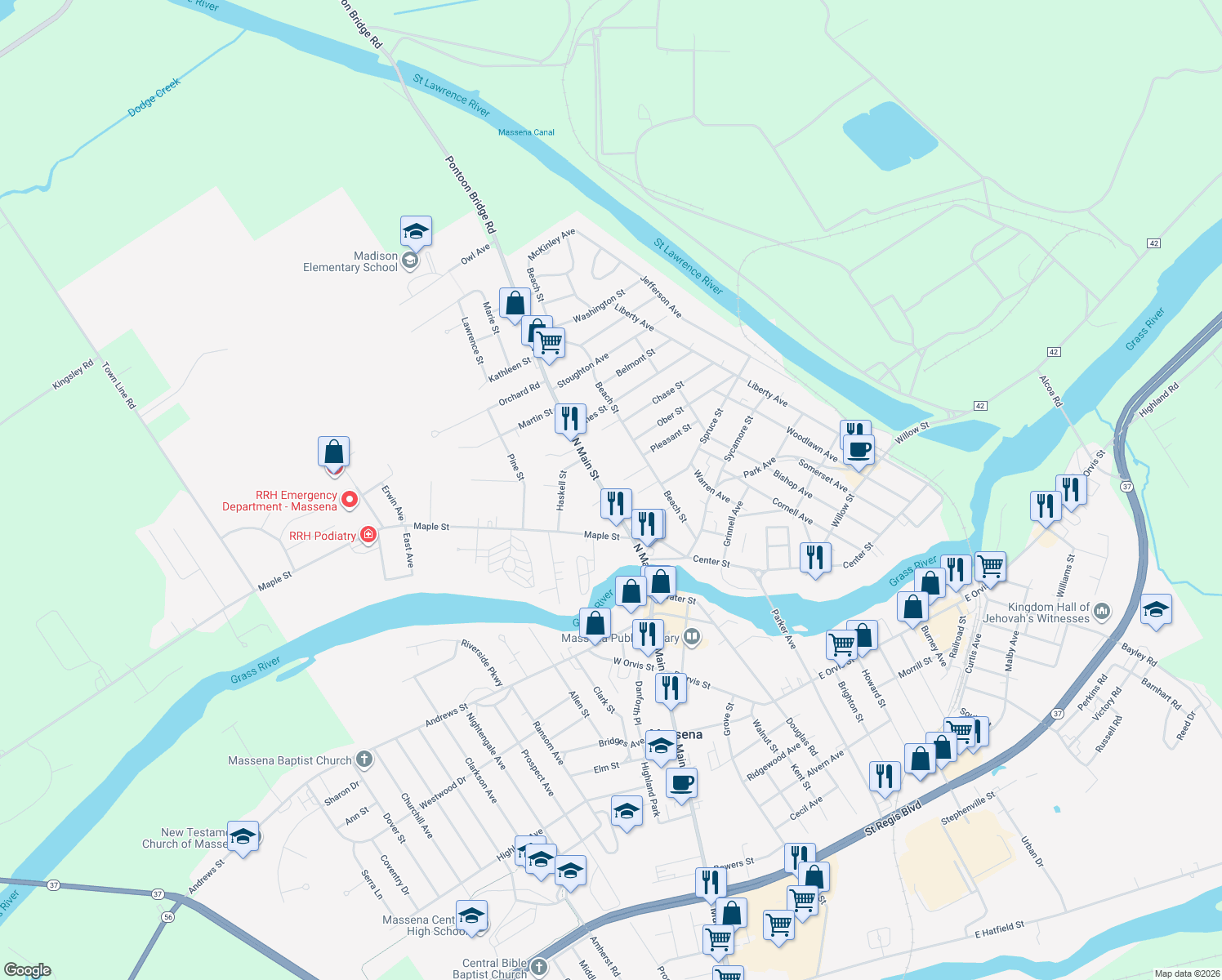 map of restaurants, bars, coffee shops, grocery stores, and more near 73 N Main St in Massena